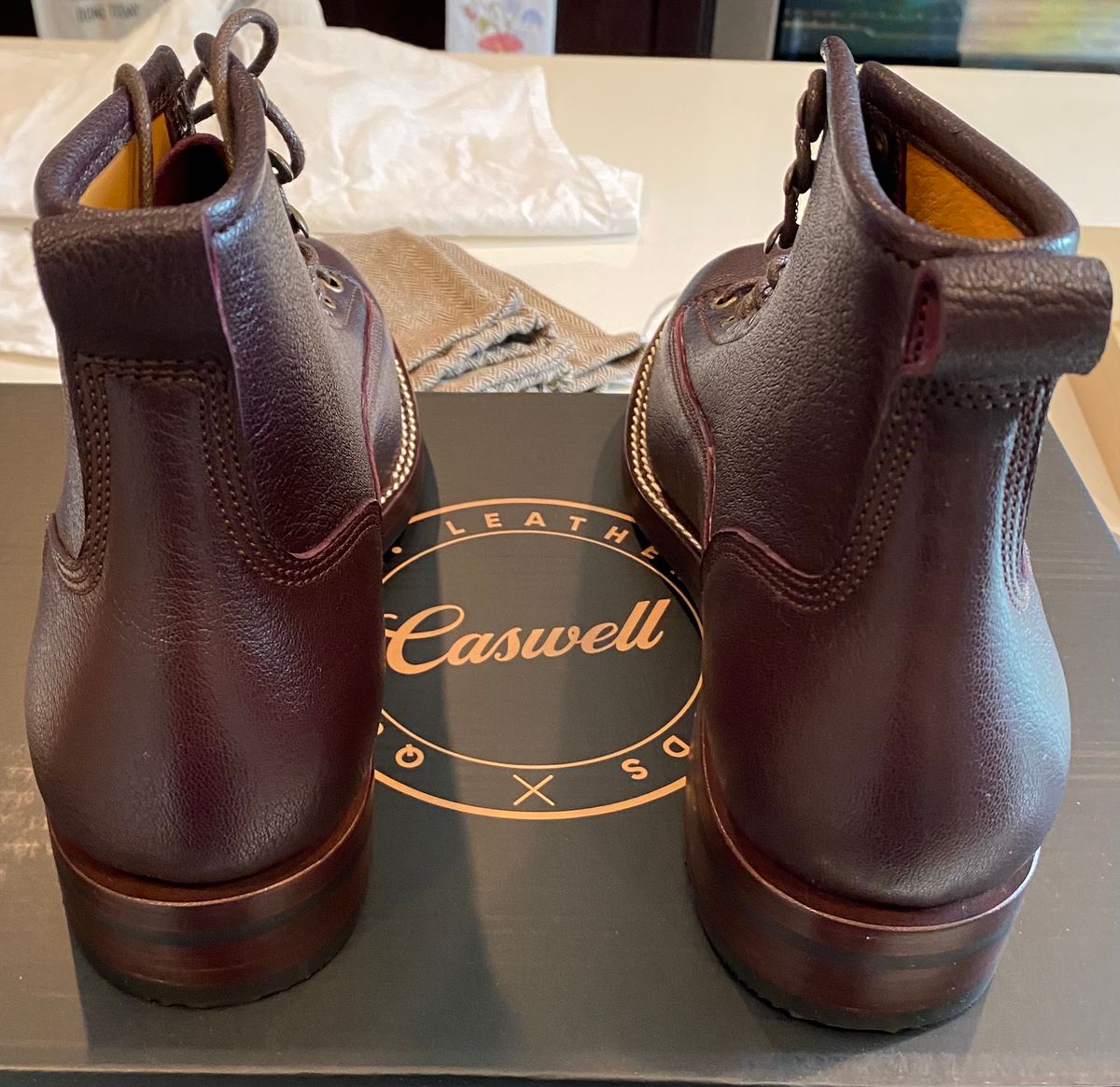 Photo by chris.8888 on July 23, 2024 of the Caswell Boot Company Carver in Tusting & Burnett Burgundy Bookbinding Goat.