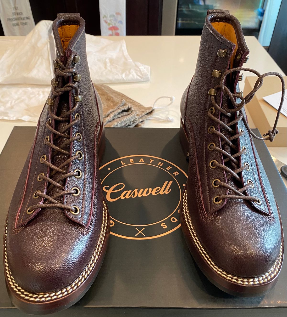 Photo by chris.8888 on July 23, 2024 of the Caswell Boot Company Carver in Tusting & Burnett Burgundy Bookbinding Goat.