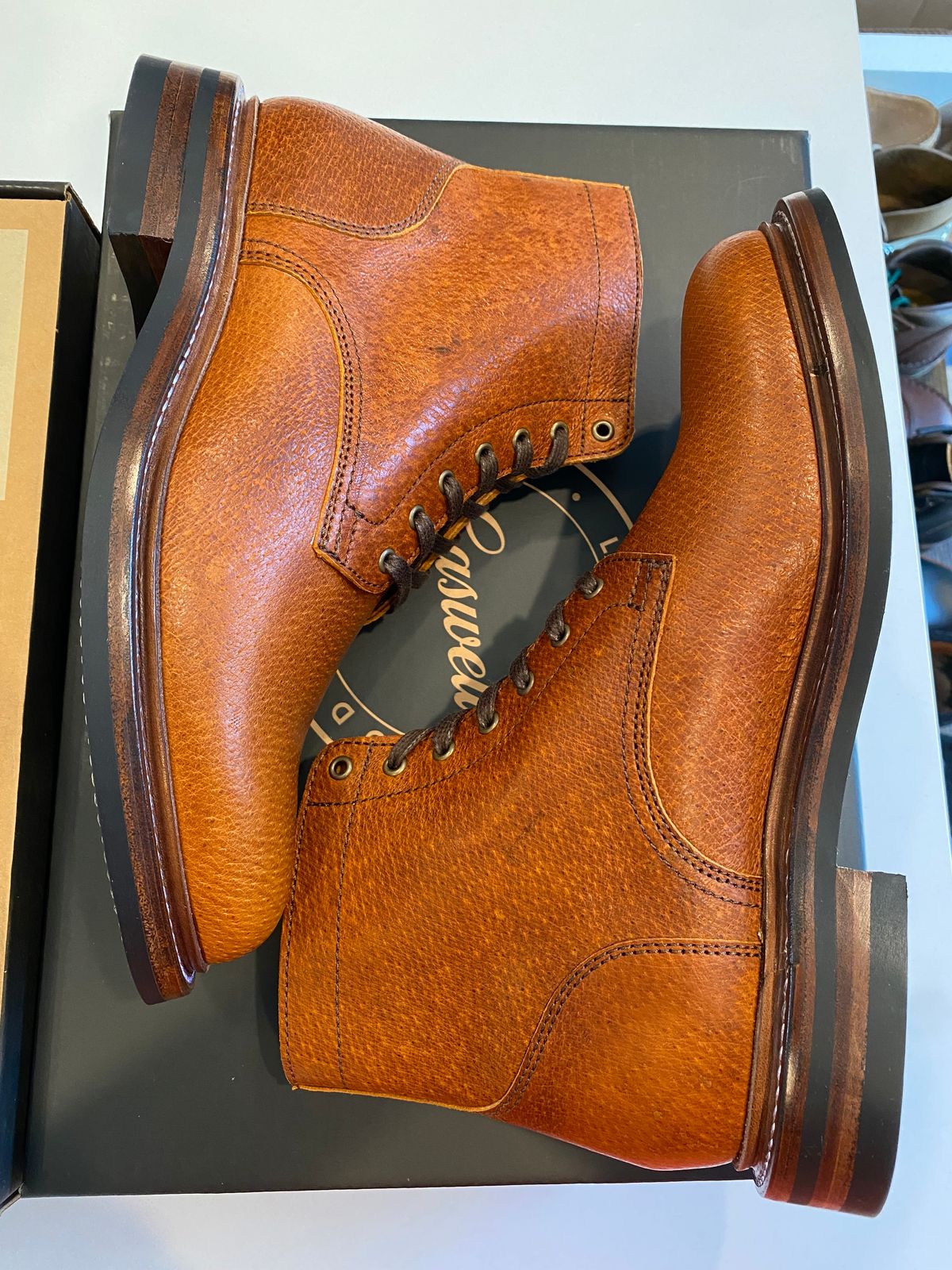 Photo by chris.8888 on March 12, 2025 of the Caswell Boot Company Custom Model in Gallun Cognac Jabari Boar.