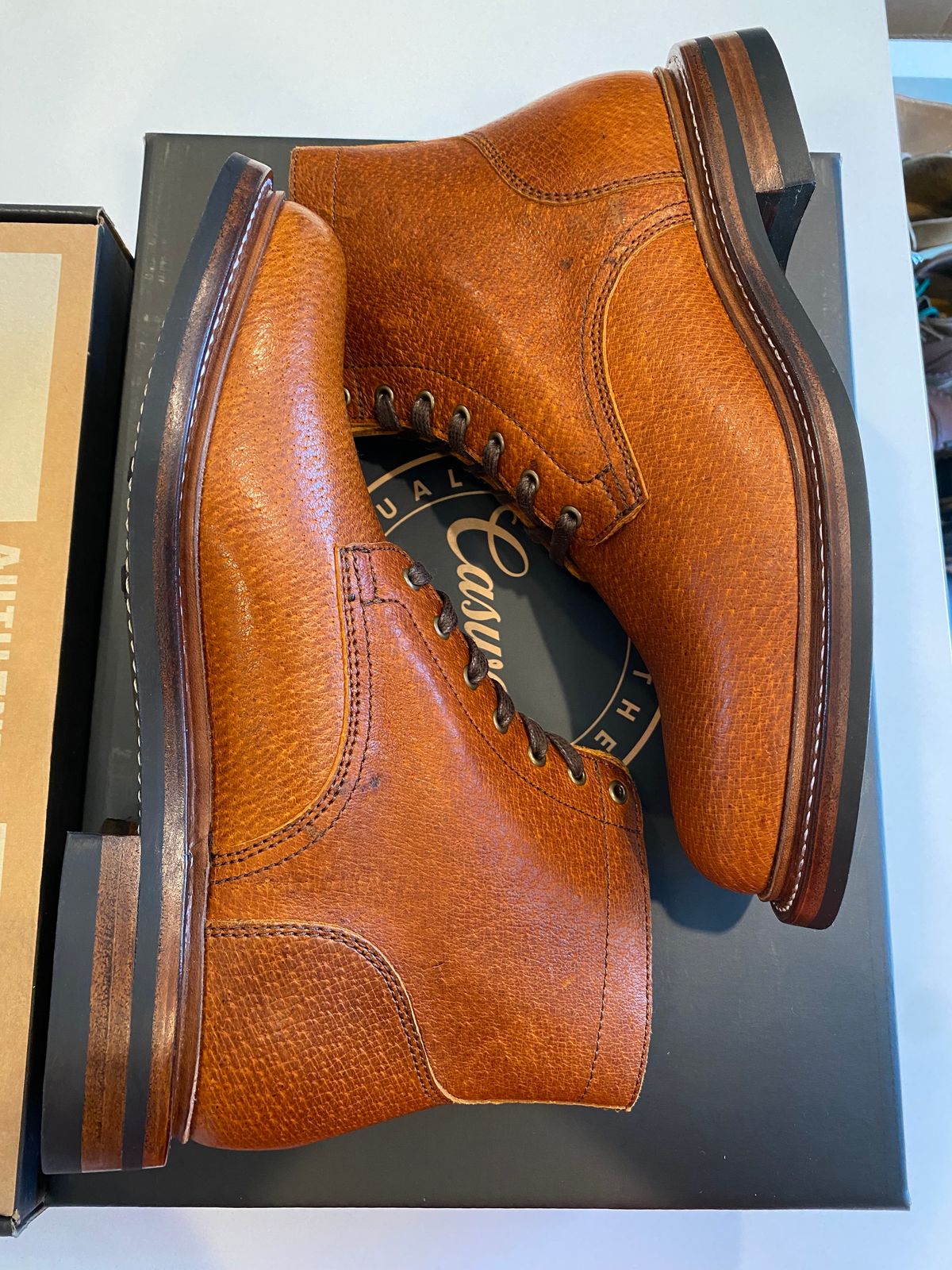 Photo by chris.8888 on March 12, 2025 of the Caswell Boot Company Custom Model in Gallun Cognac Jabari Boar.