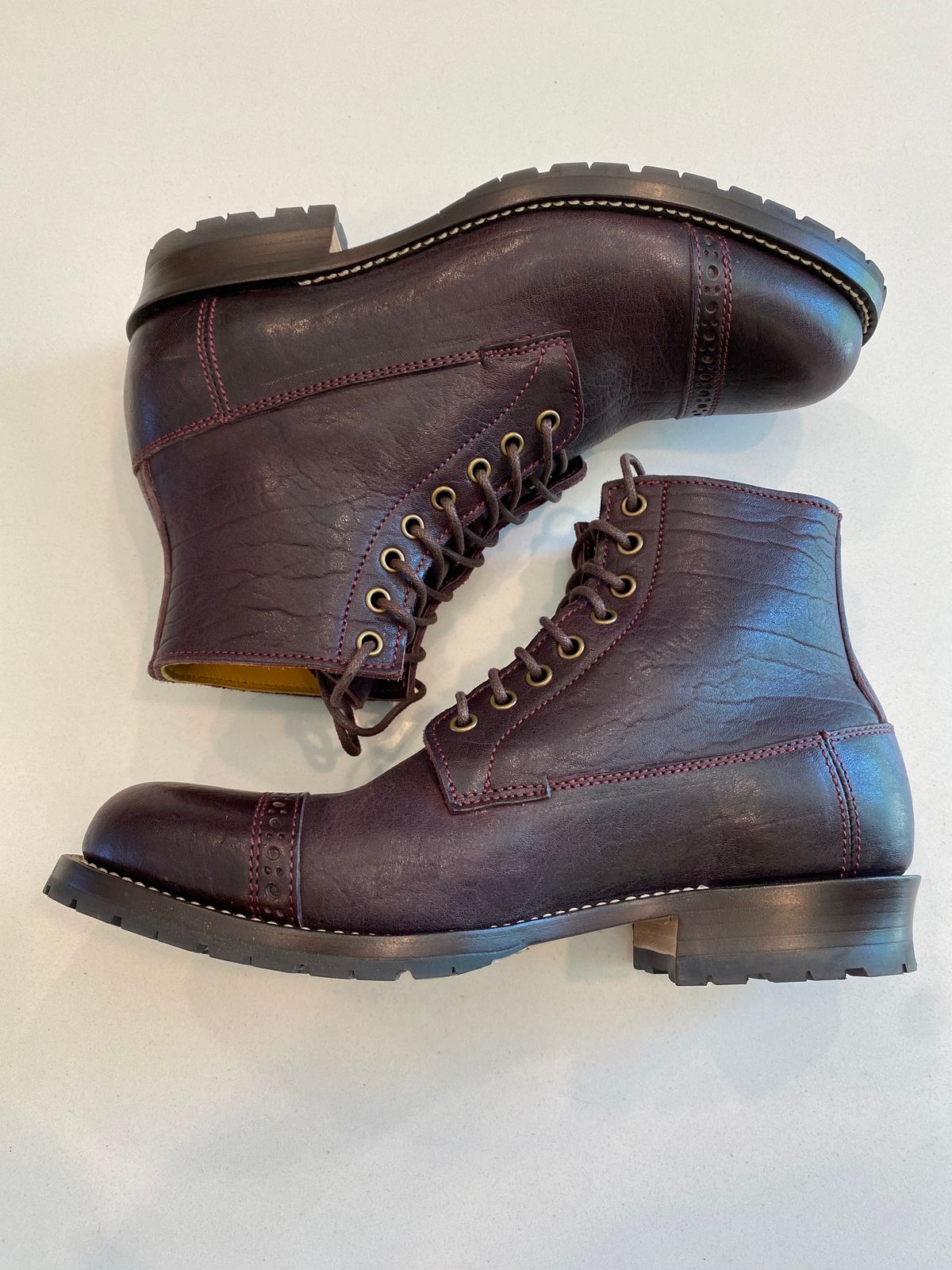 Photo by chris.8888 on May 23, 2025 of the Caswell Boot Company 1912 Russet Marching Shoe Reproduction in Horween Color 8 Aspen Horsefront.
