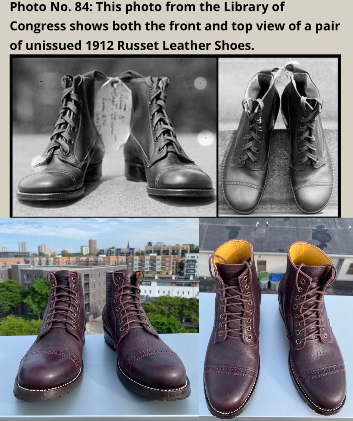 Photo by chris.8888 on June 4, 2025 of the Caswell Boot Company 1912 Russet Marching Shoe Reproduction in Horween Color 8 Aspen Horsefront.