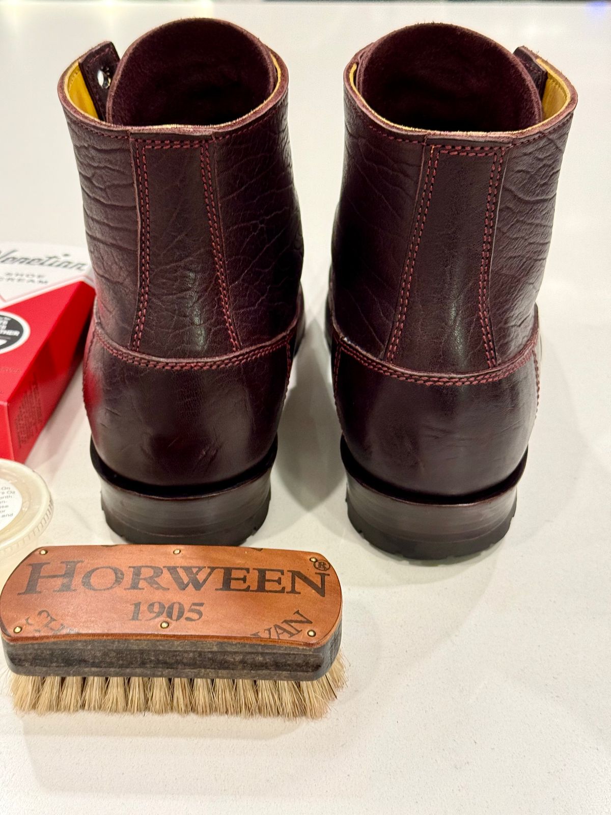Photo by chris.8888 on September 14, 2025 of the Caswell Boot Company 1912 Russet Marching Shoe Reproduction in Horween Color 8 Aspen Horsefront.