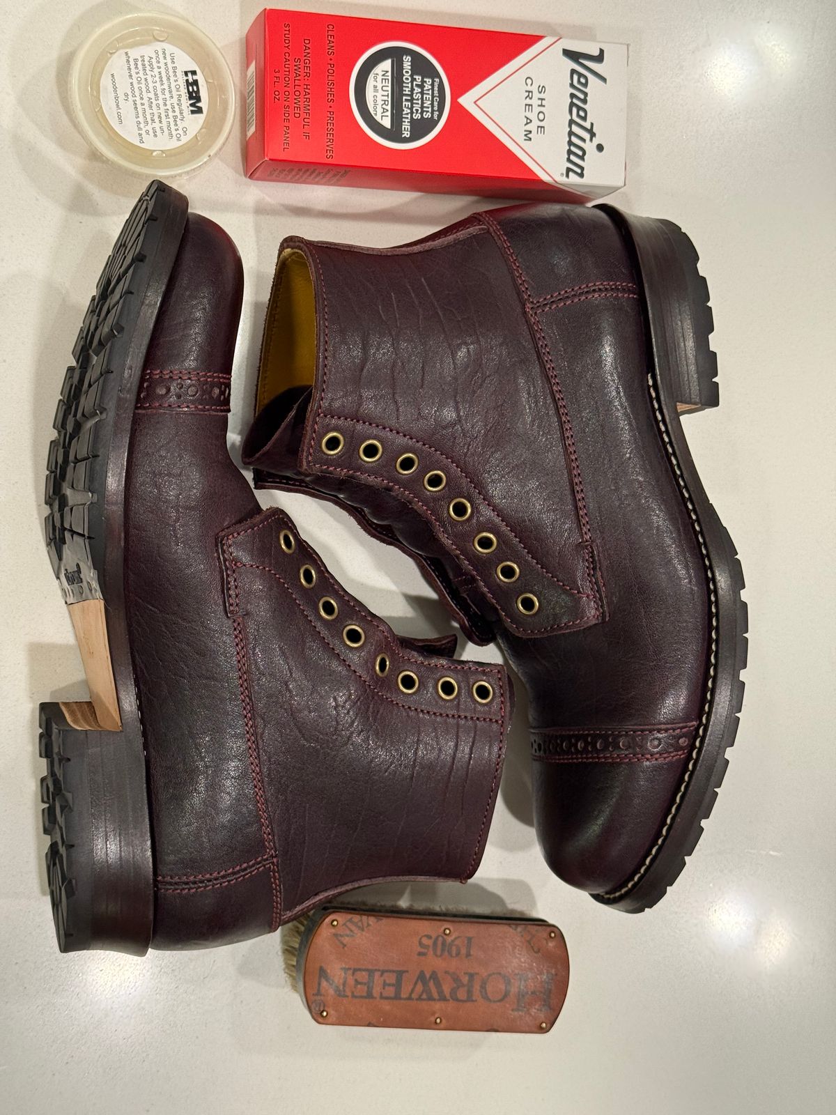 Photo by chris.8888 on September 14, 2025 of the Caswell Boot Company 1912 Russet Marching Shoe Reproduction in Horween Color 8 Aspen Horsefront.
