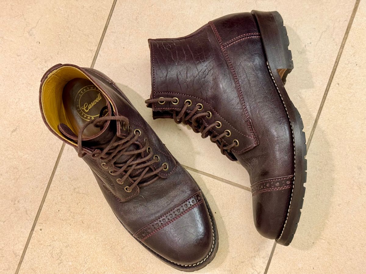 Photo by chris.8888 on March 2, 2026 of the Caswell Boot Company 1912 Russet Marching Shoe Reproduction in Horween Color 8 Aspen Horsefront.