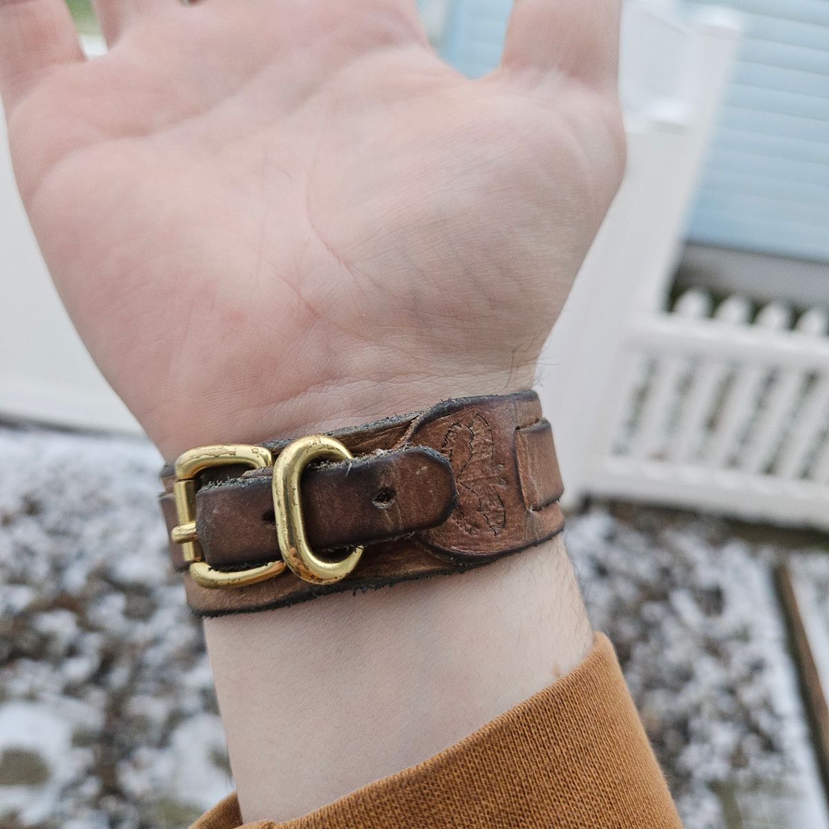 Photo by cjelliott on January 3, 2026 of the Harker Leatherworks Natty Veg Cuff in Unknown Natural Veg Tan.