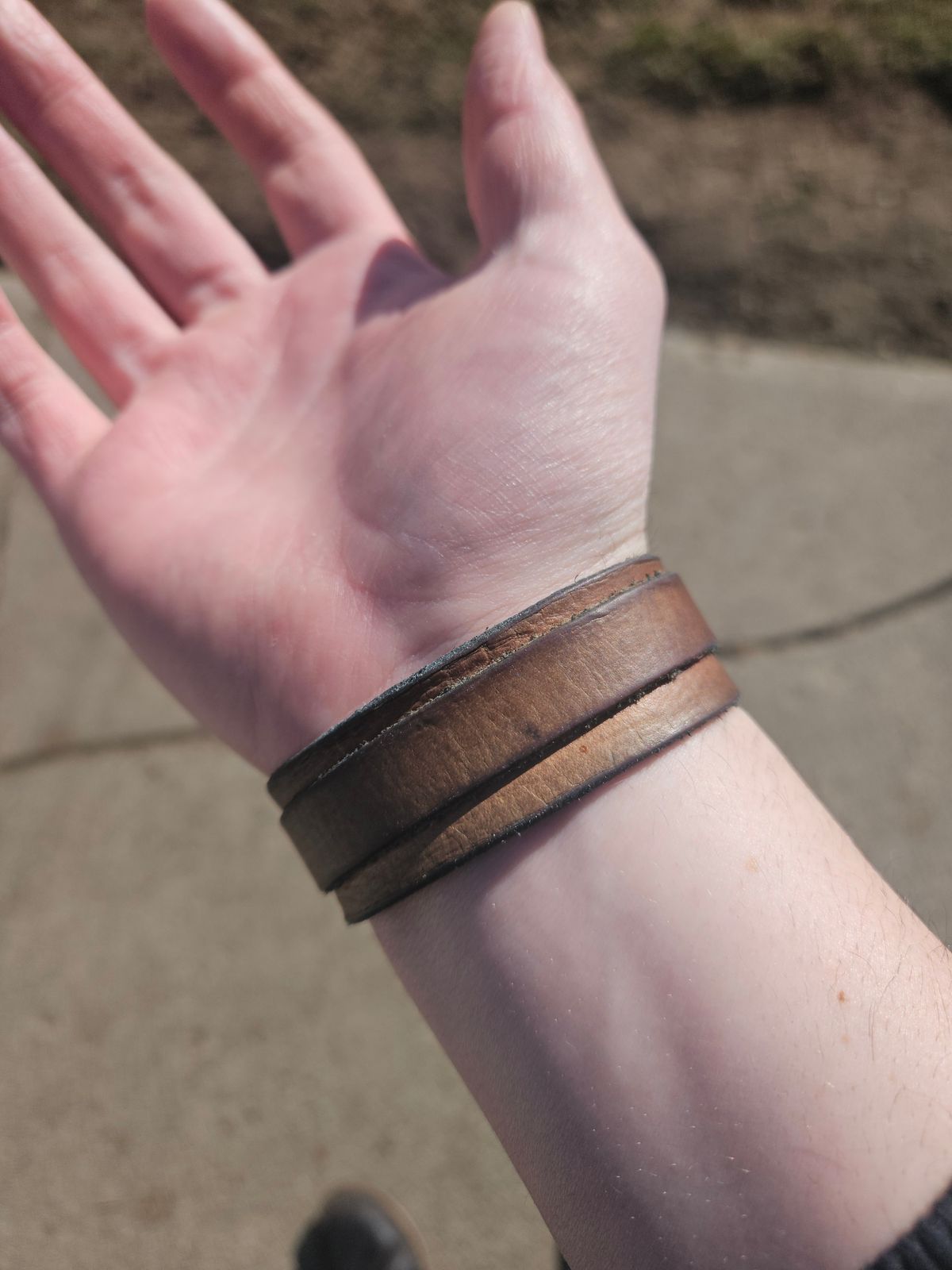 Photo by cjelliott on February 25, 2026 of the Harker Leatherworks Natty Veg Cuff in Unknown Natural Veg Tan.
