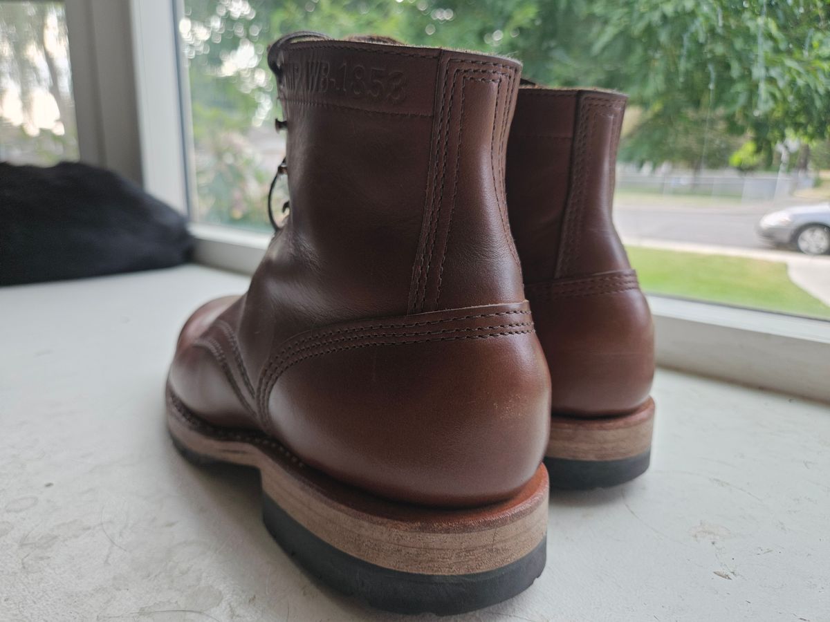Photo by cjelliott on June 17, 2025 of the White's MP-Sherman Plain Toe in Horween British Tan Chromexcel.
