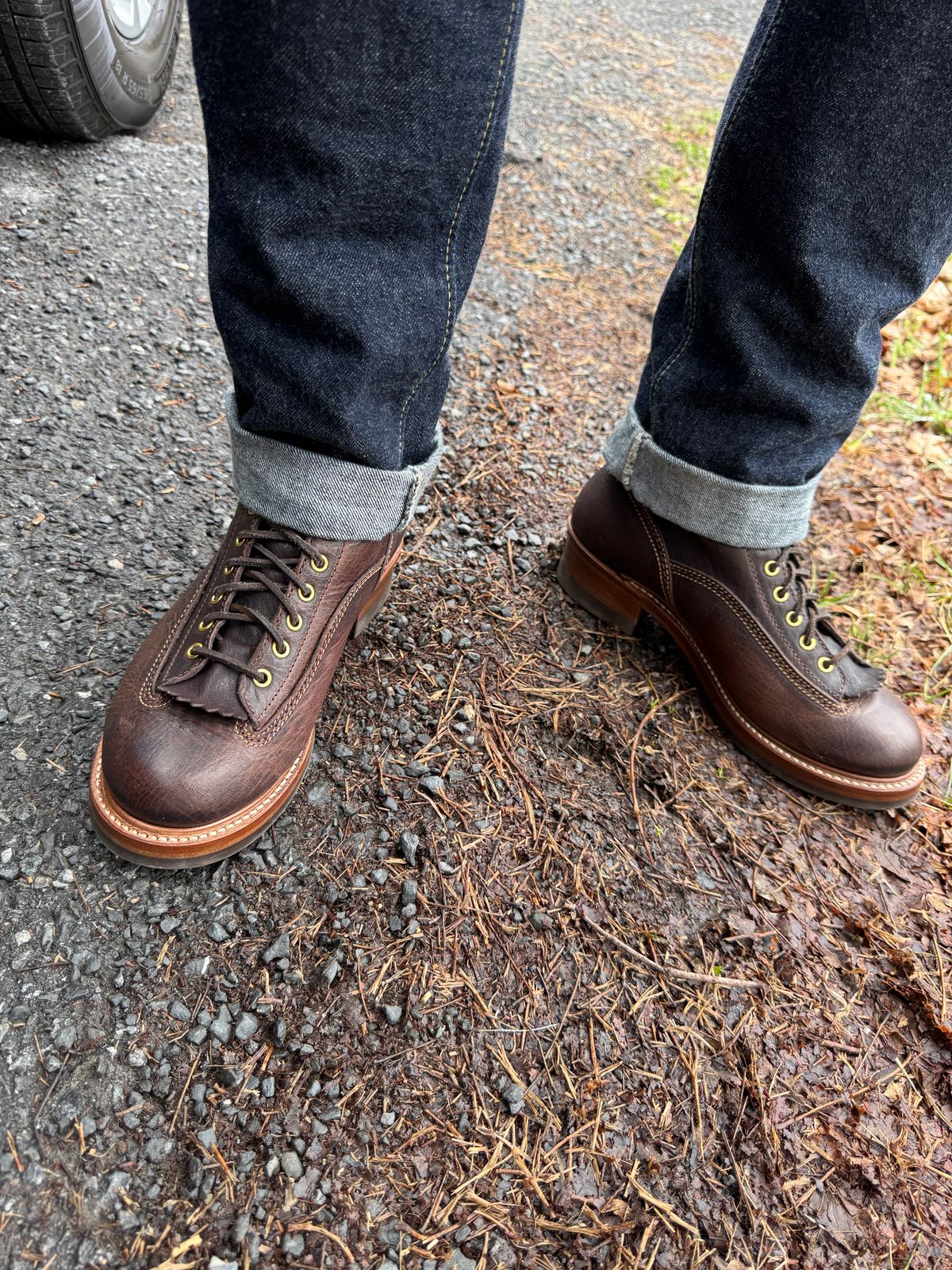 Photo by JuicyDeeluxe on April 11, 2025 of the John Lofgren Donkey Puncher Boots in Ezo Shika Deerskin Burnt Dark Brown.