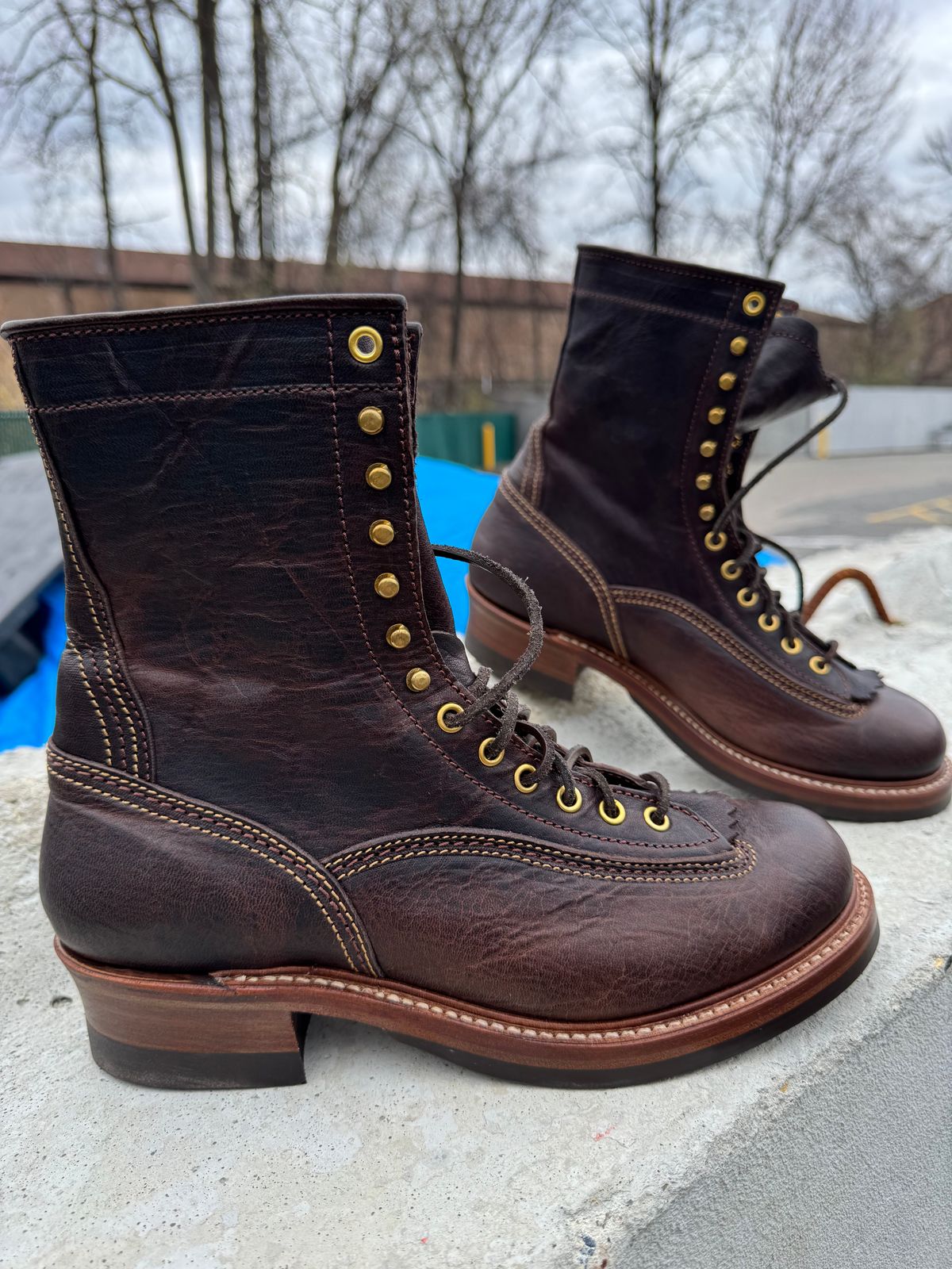 Photo by JuicyDeeluxe on April 10, 2025 of the John Lofgren Donkey Puncher Boots in Ezo Shika Deerskin Burnt Dark Brown.