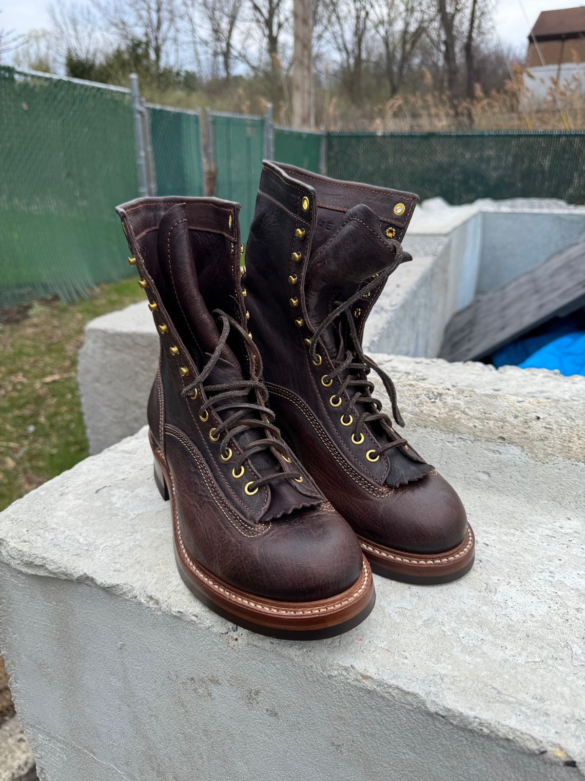 Photo by JuicyDeeluxe on April 10, 2025 of the John Lofgren Donkey Puncher Boots in Ezo Shika Deerskin Burnt Dark Brown.