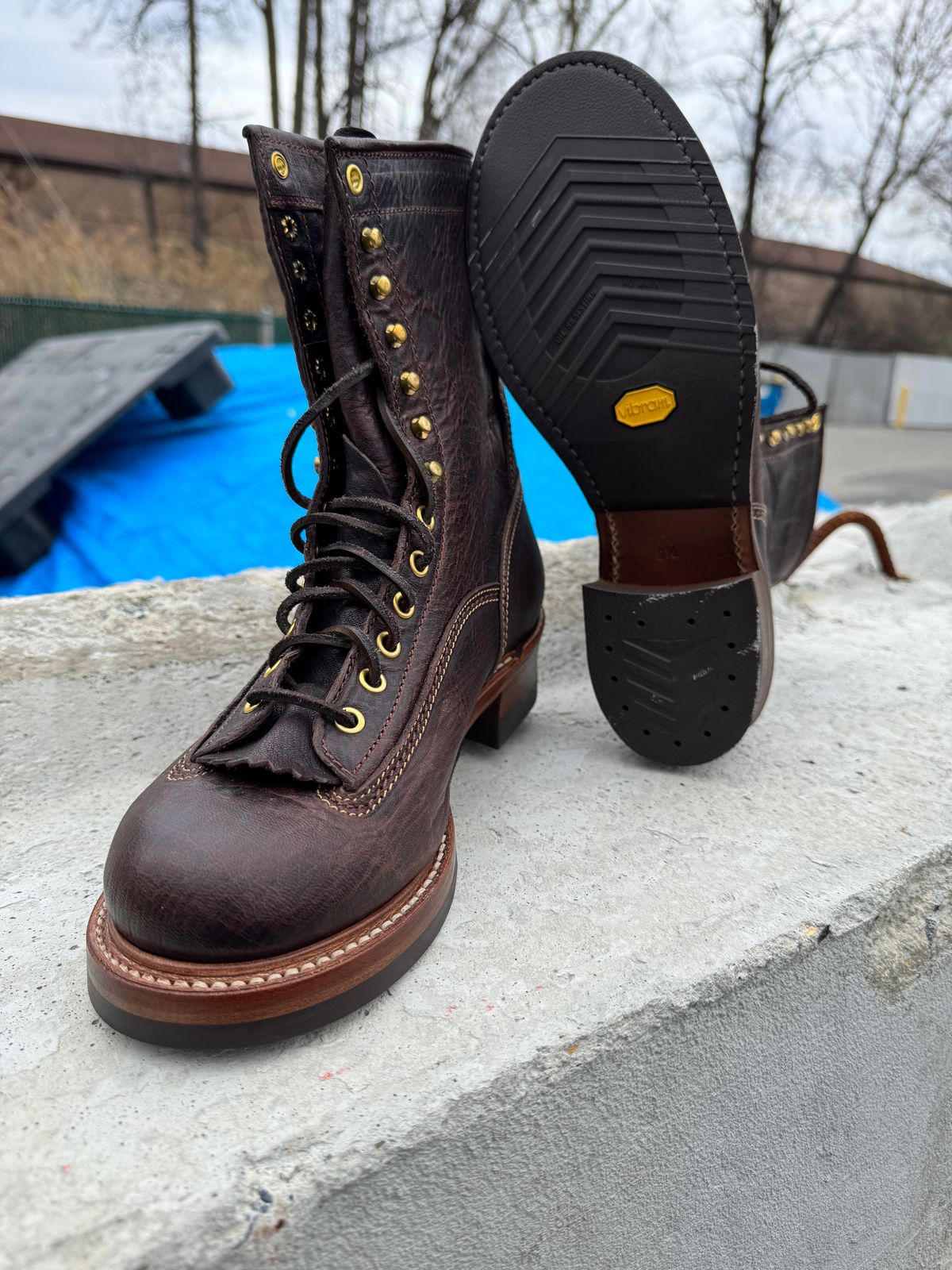 Photo by JuicyDeeluxe on April 10, 2025 of the John Lofgren Donkey Puncher Boots in Ezo Shika Deerskin Burnt Dark Brown.