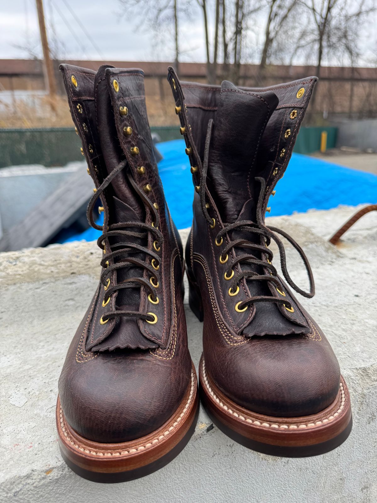 Photo by JuicyDeeluxe on April 10, 2025 of the John Lofgren Donkey Puncher Boots in Ezo Shika Deerskin Burnt Dark Brown.