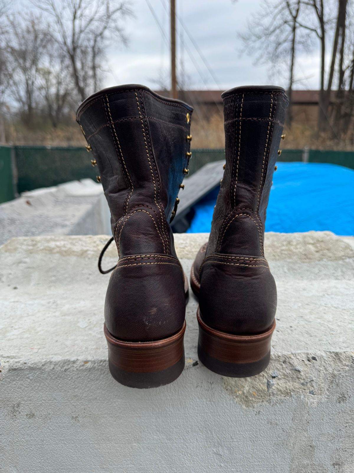 Photo by JuicyDeeluxe on April 10, 2025 of the John Lofgren Donkey Puncher Boots in Ezo Shika Deerskin Burnt Dark Brown.