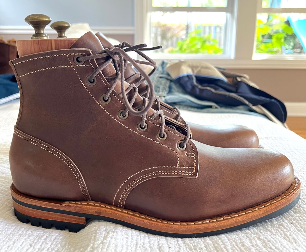 Photo by JPLopez124 on August 27, 2025 of the Truman Plain Toe Boot in Horween Walnut Cypress.