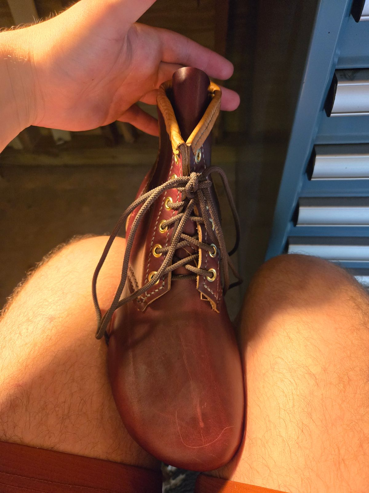 Photo by Amess923 on May 15, 2025 of the Self-Made Barefoot Boot in Horween Burgundy Chromexcel.