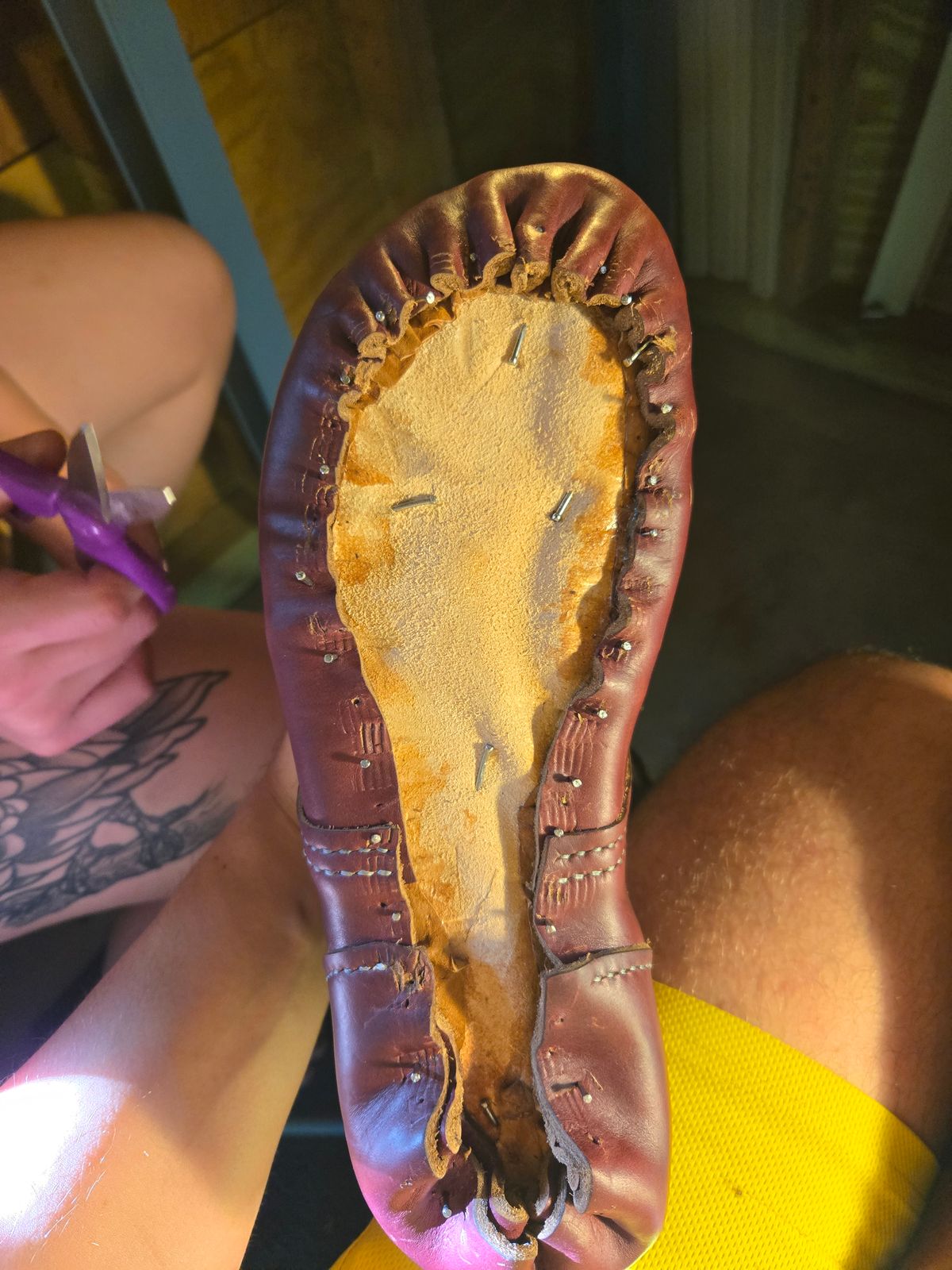 Photo by Amess923 on May 17, 2025 of the Self-Made Barefoot Boot in Horween Burgundy Chromexcel.