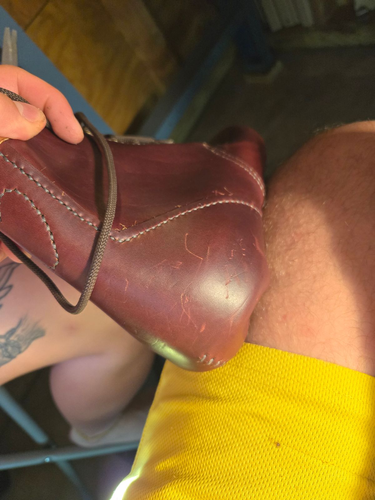 Photo by Amess923 on May 17, 2025 of the Self-Made Barefoot Boot in Horween Burgundy Chromexcel.