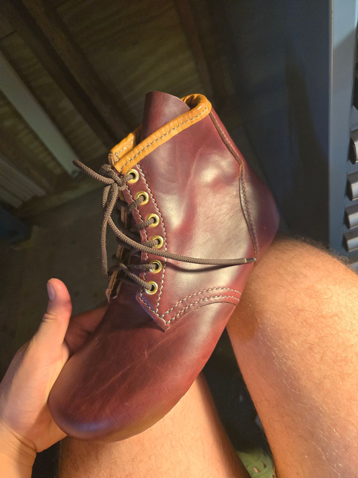 Photo by Amess923 on May 17, 2025 of the Self-Made Barefoot Boot in Horween Burgundy Chromexcel.