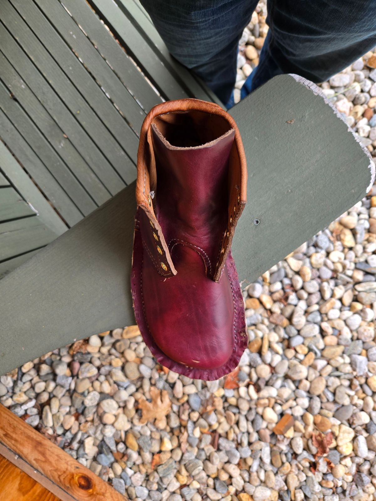 Photo by Amess923 on May 19, 2025 of the Self-Made Barefoot Boot in Horween Burgundy Chromexcel.
