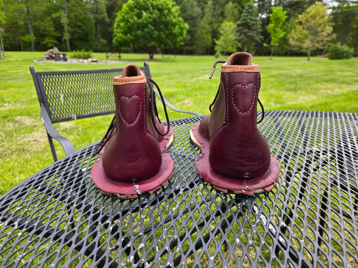 Photo by Amess923 on May 19, 2025 of the Self-Made Barefoot Boot in Horween Burgundy Chromexcel.