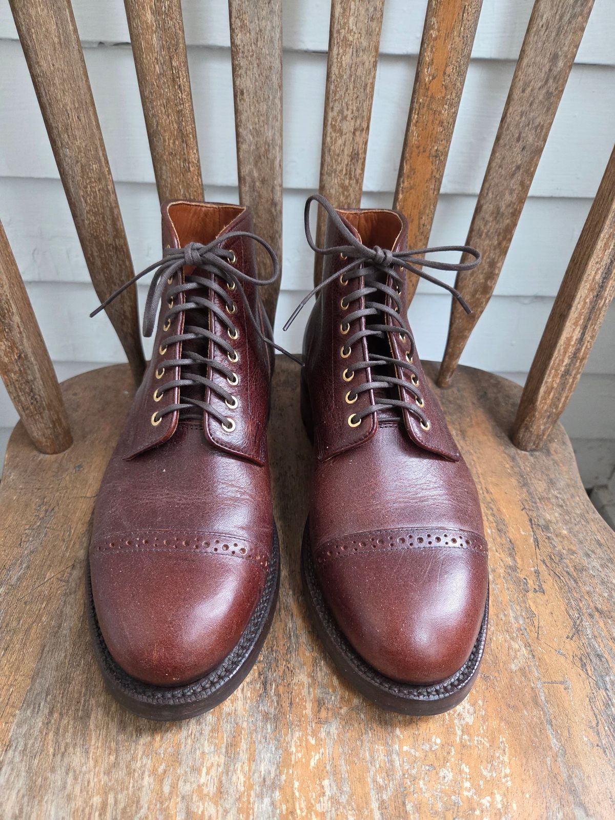 Photo by philosophersboots on November 5, 2025 of the Grant Stone Garrison Boot in C.F. Stead Crimson Classic Kudu.