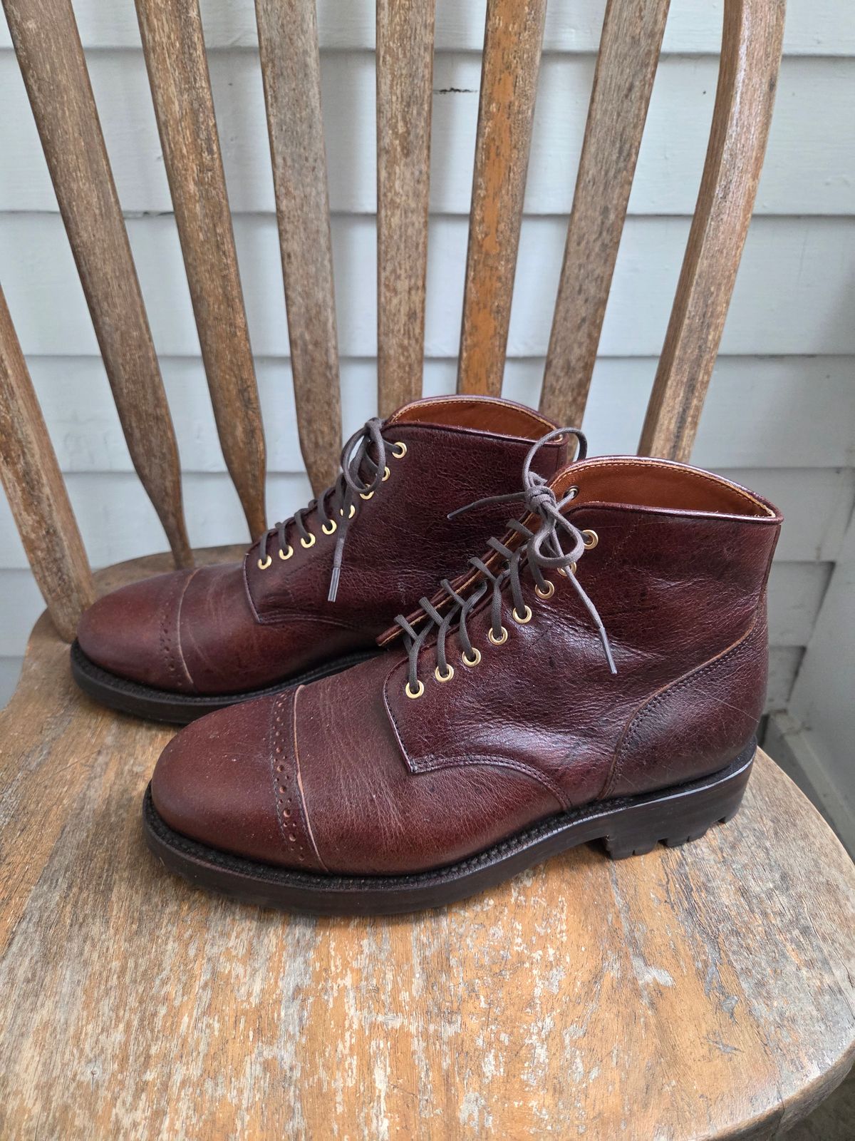 Photo by philosophersboots on November 5, 2025 of the Grant Stone Garrison Boot in C.F. Stead Crimson Classic Kudu.