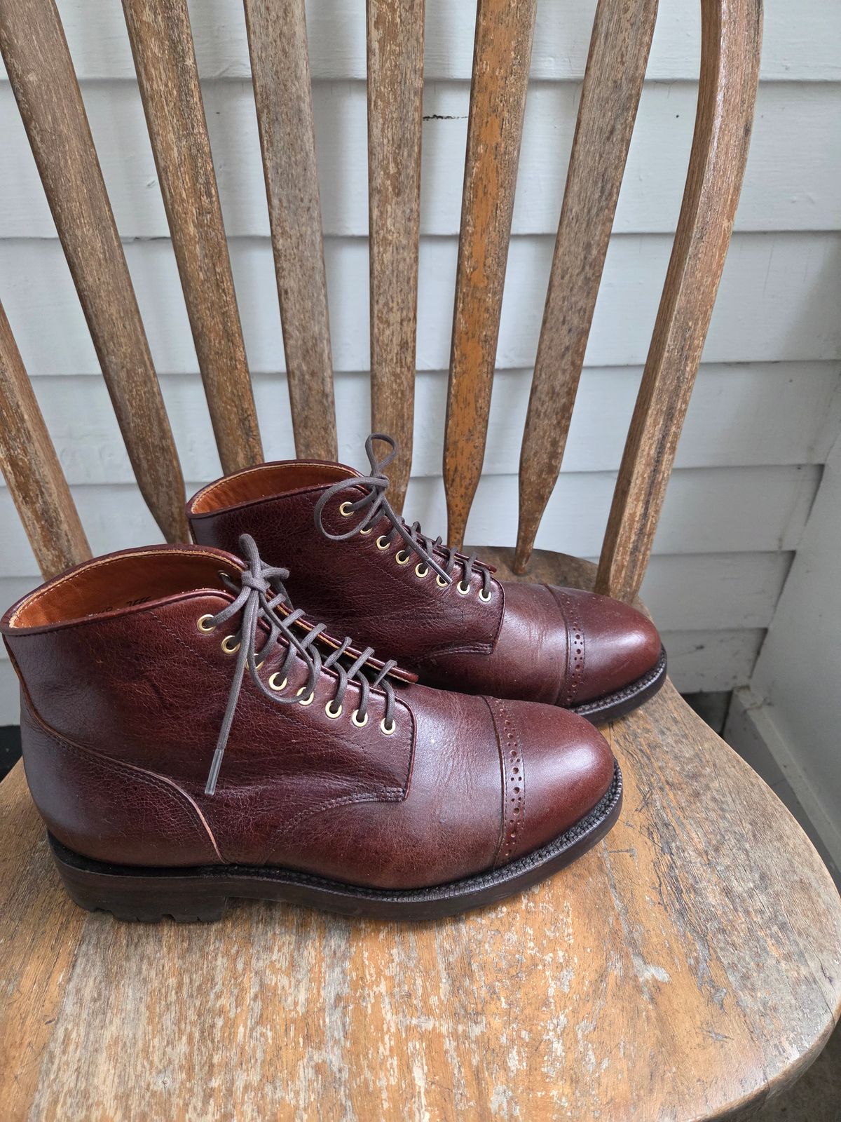 Photo by philosophersboots on November 5, 2025 of the Grant Stone Garrison Boot in C.F. Stead Crimson Classic Kudu.