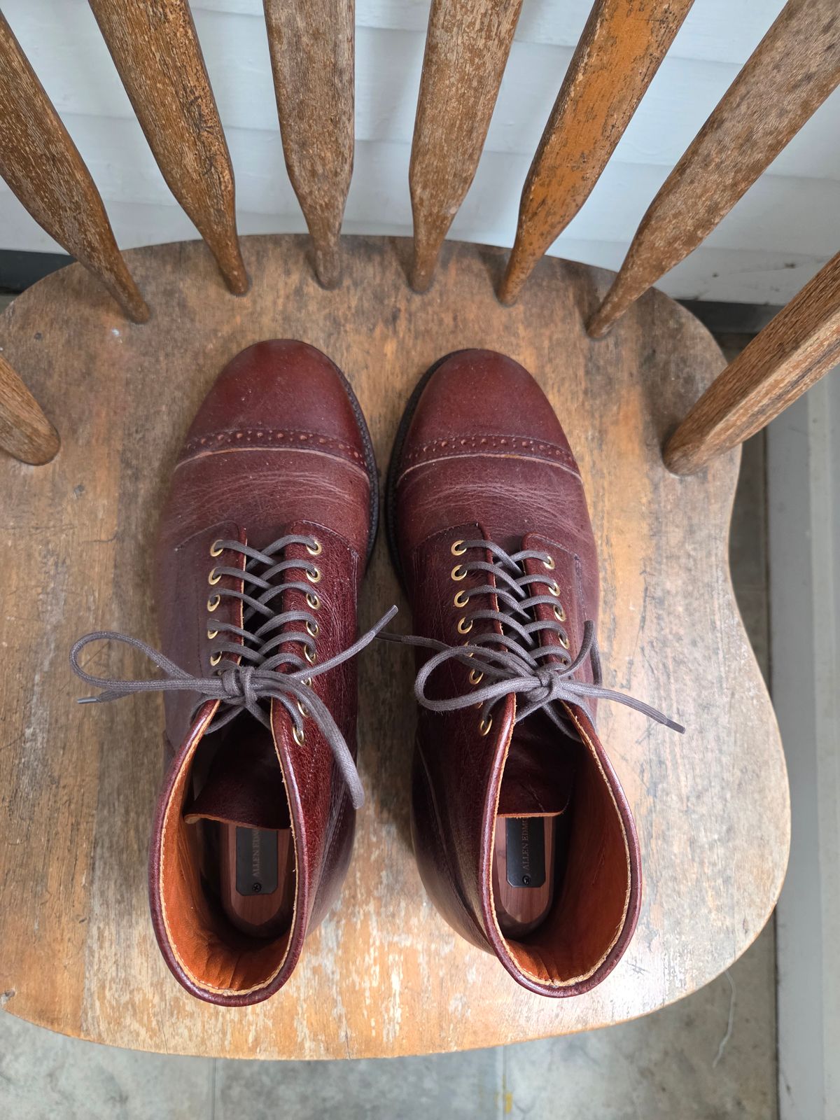 Photo by philosophersboots on November 5, 2025 of the Grant Stone Garrison Boot in C.F. Stead Crimson Classic Kudu.