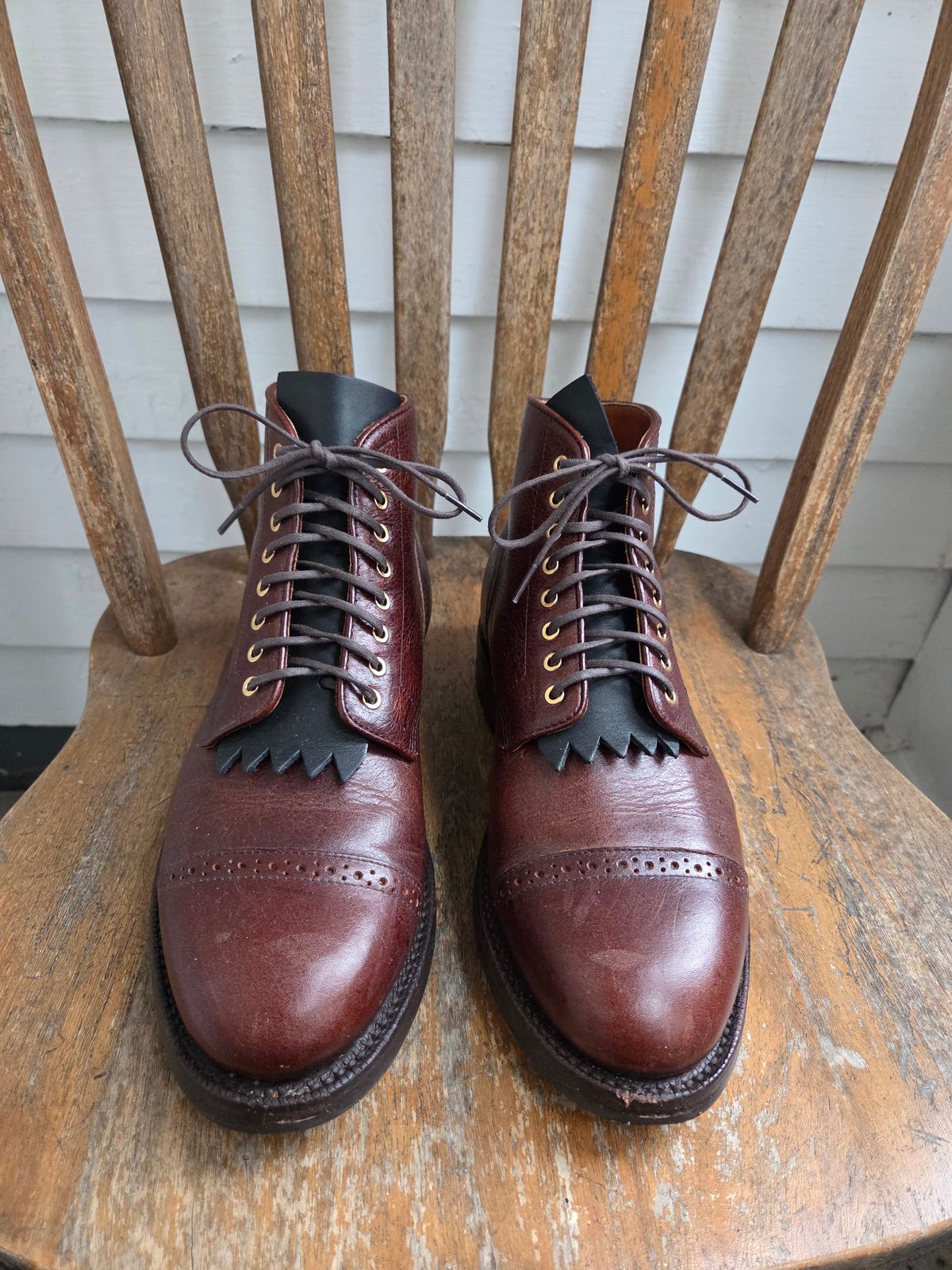 Photo by philosophersboots on December 4, 2025 of the Grant Stone Garrison Boot in C.F. Stead Crimson Classic Kudu.