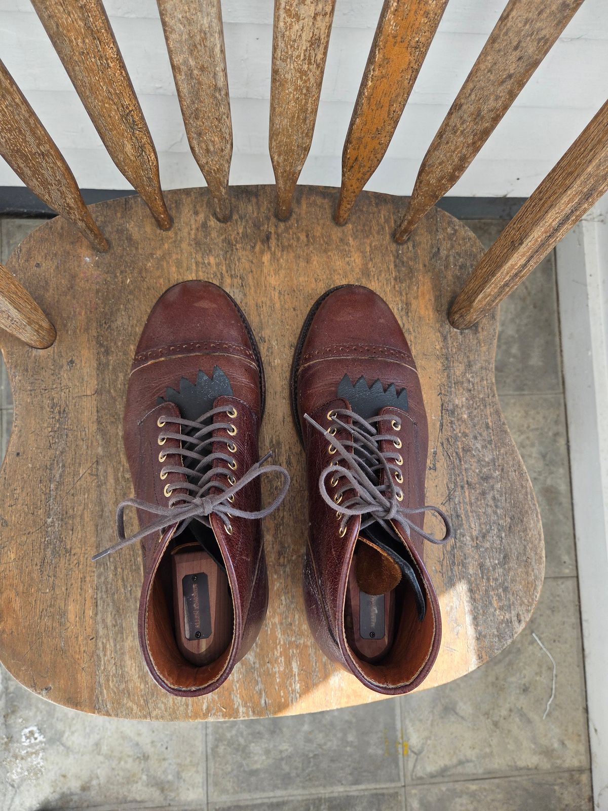 Photo by philosophersboots on February 4, 2026 of the Grant Stone Garrison Boot in C.F. Stead Crimson Classic Kudu.