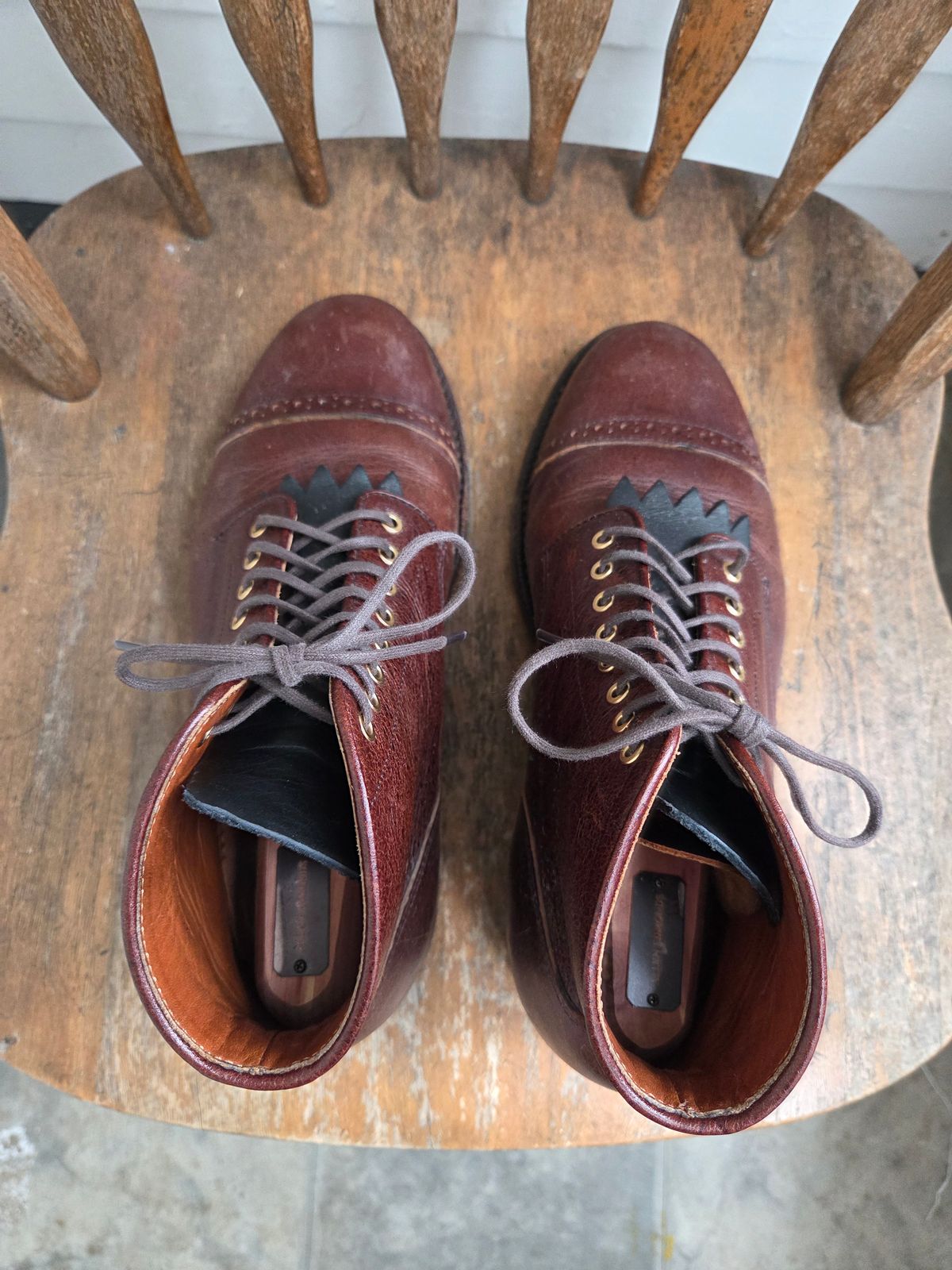 Photo by philosophersboots on March 5, 2026 of the Grant Stone Garrison Boot in C.F. Stead Crimson Classic Kudu.