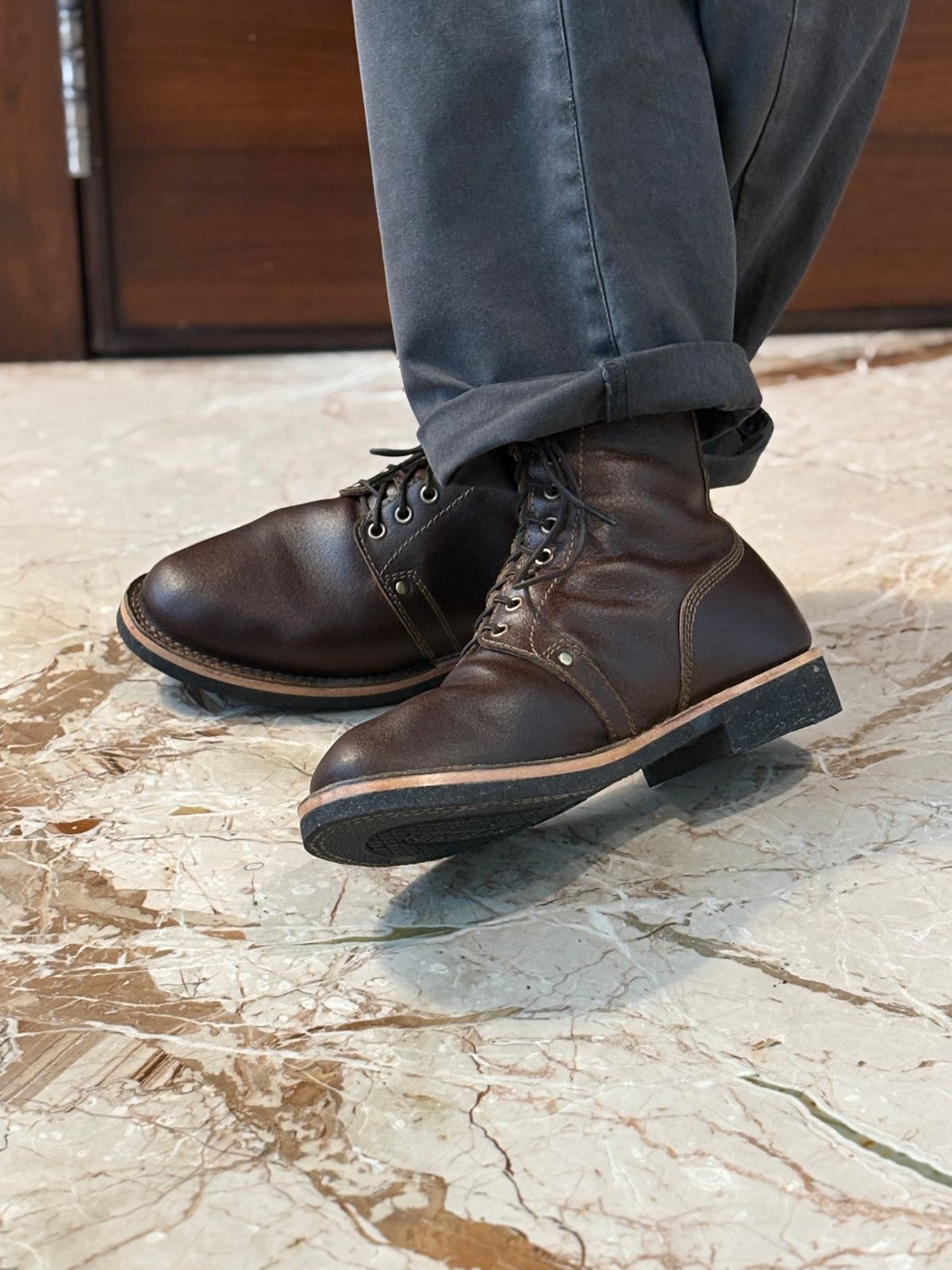 Photo by heritagefanatic on March 9, 2025 of the Craft & Glory Prototype Service Boot in Horween Cinnamon Waxed Flesh.