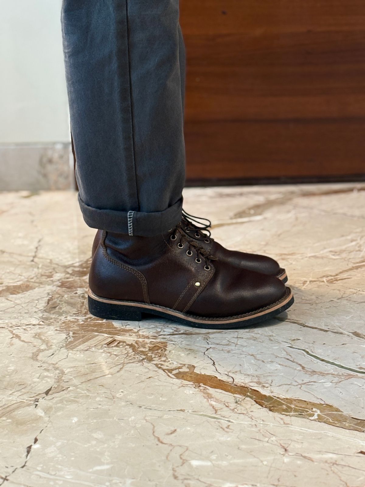 Photo by heritagefanatic on March 9, 2025 of the Craft & Glory Prototype Service Boot in Horween Cinnamon Waxed Flesh.