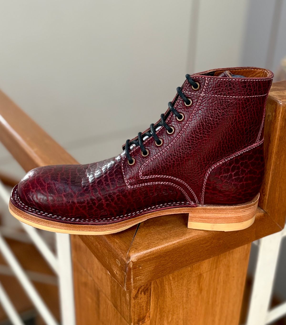 Photo by ENEM on March 1, 2026 of the Blkbrd Shoemaker Rudiger-Z PLain toe in Law Tanning Black Cherry Big Horn Shrunken Bison.