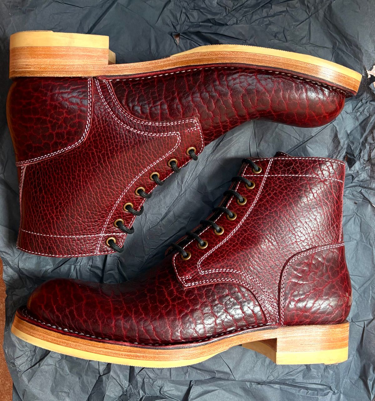 Photo by ENEM on March 1, 2026 of the Blkbrd Shoemaker Rudiger-Z PLain toe in Law Tanning Black Cherry Big Horn Shrunken Bison.