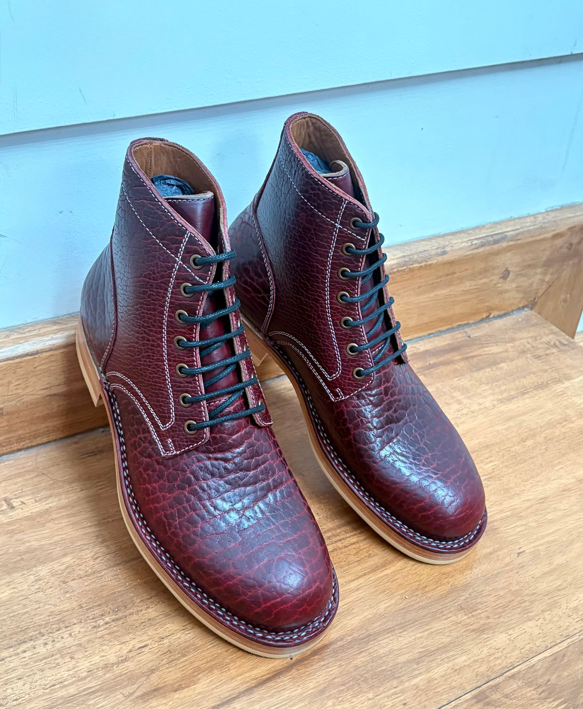 Photo by ENEM on March 1, 2026 of the Blkbrd Shoemaker Rudiger-Z PLain toe in Law Tanning Black Cherry Big Horn Shrunken Bison.