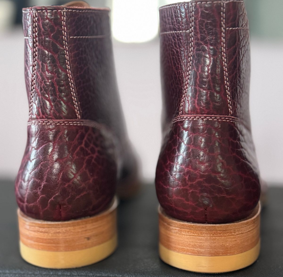 Photo by ENEM on March 2, 2026 of the Blkbrd Shoemaker Rudiger-Z PLain toe in Law Tanning Black Cherry Big Horn Shrunken Bison.