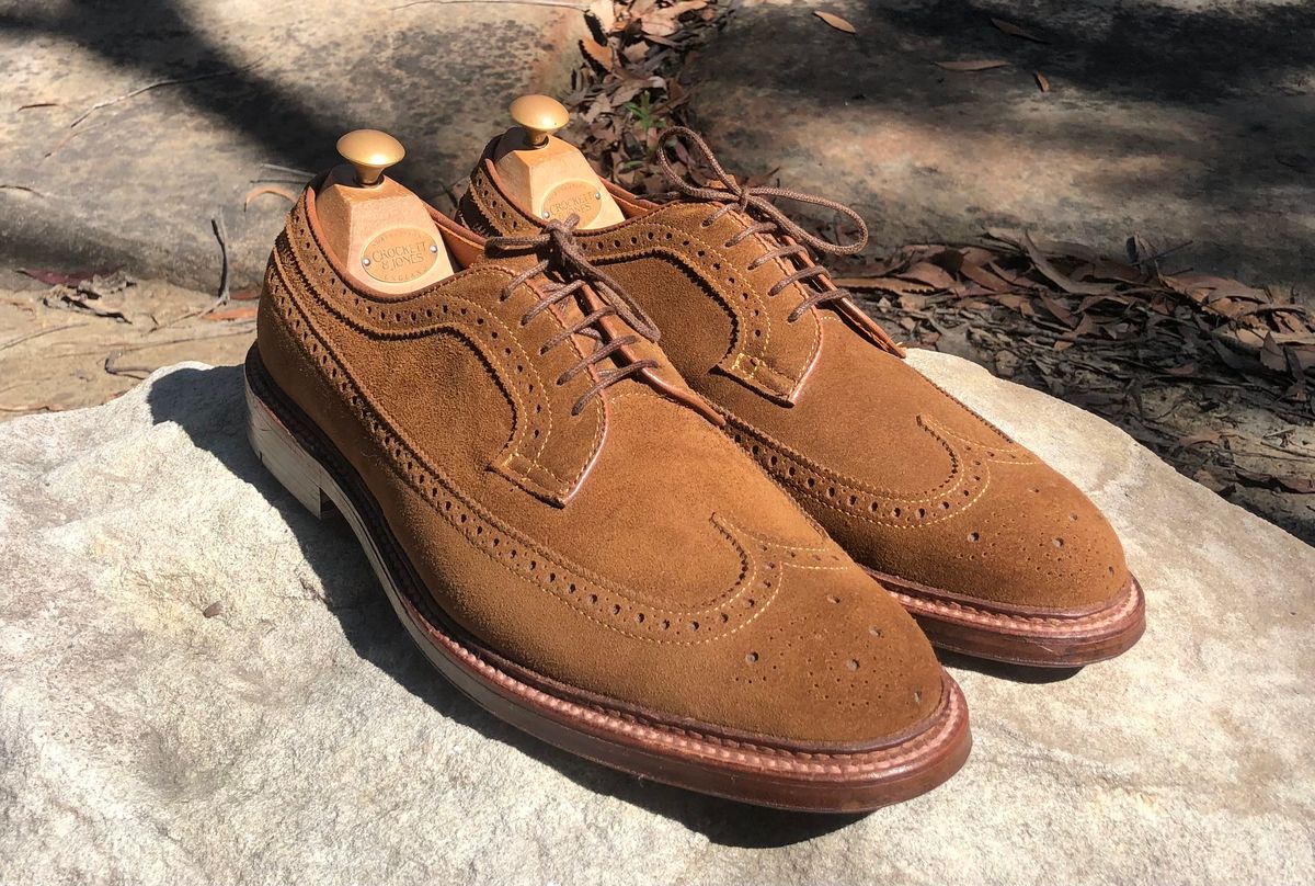 Photo by menswearoutdoors on October 10, 2024 of the Alden Long Wing Blucher in C.F. Stead Snuff Janus Calf Suede.