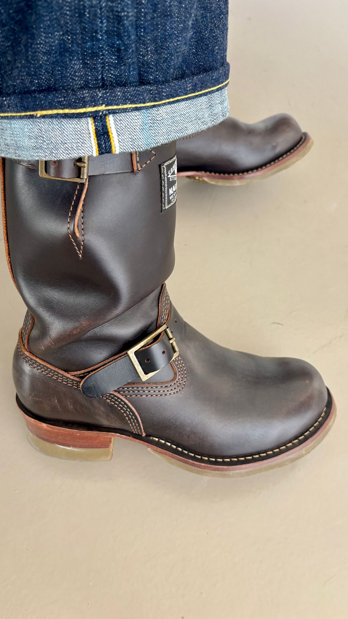 Photo by Cafeselfiedude on August 15, 2025 of the Wesco 1939 Engineer Boot in Horween Black Chromexcel Horsebutt.