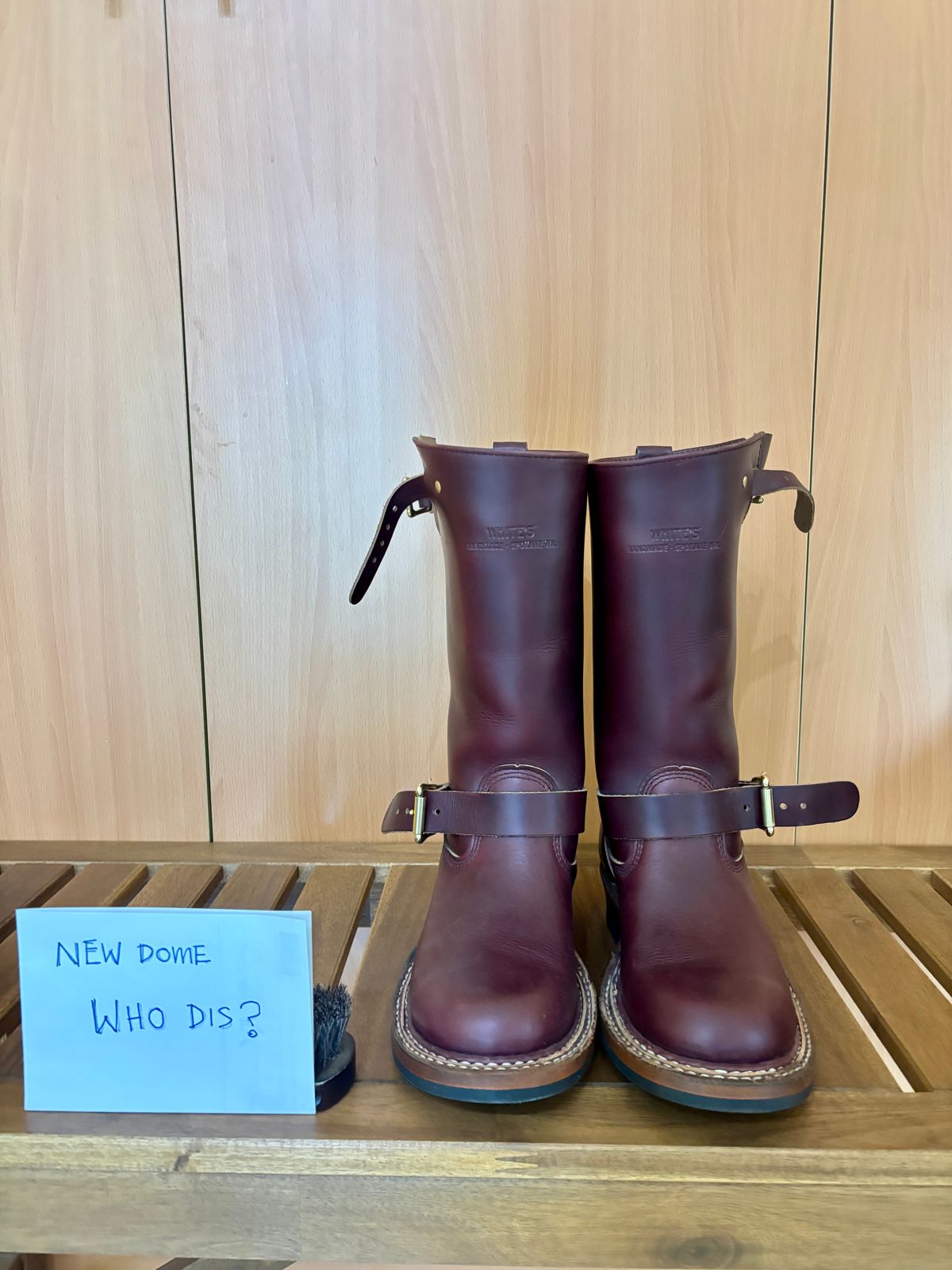 Photo by Cafeselfiedude on October 4, 2025 of the White's Nomad Engineer Boots in Horween Burgundy Chromexcel.