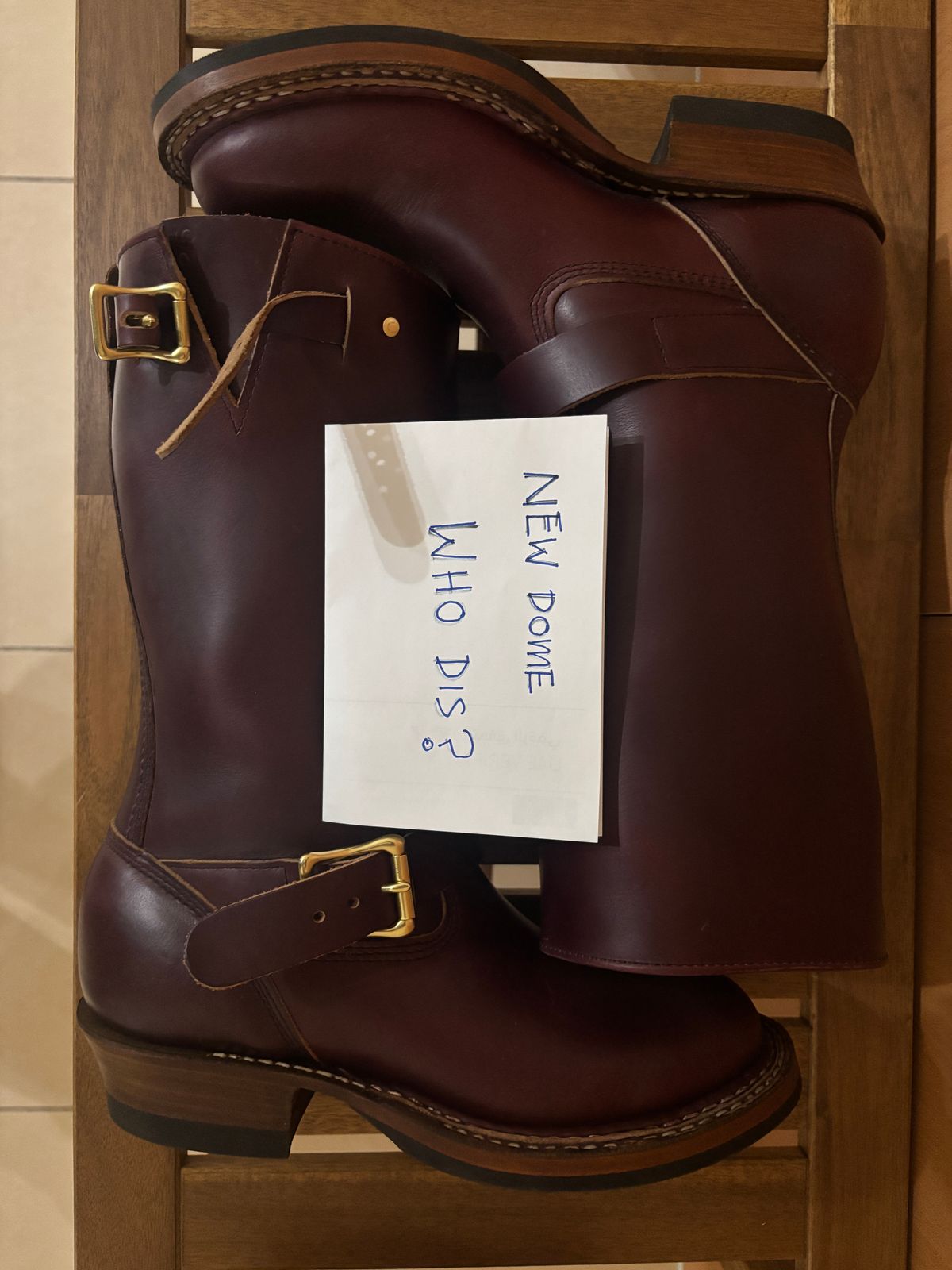 Photo by Cafeselfiedude on October 4, 2025 of the White's Nomad Engineer Boots in Horween Burgundy Chromexcel.