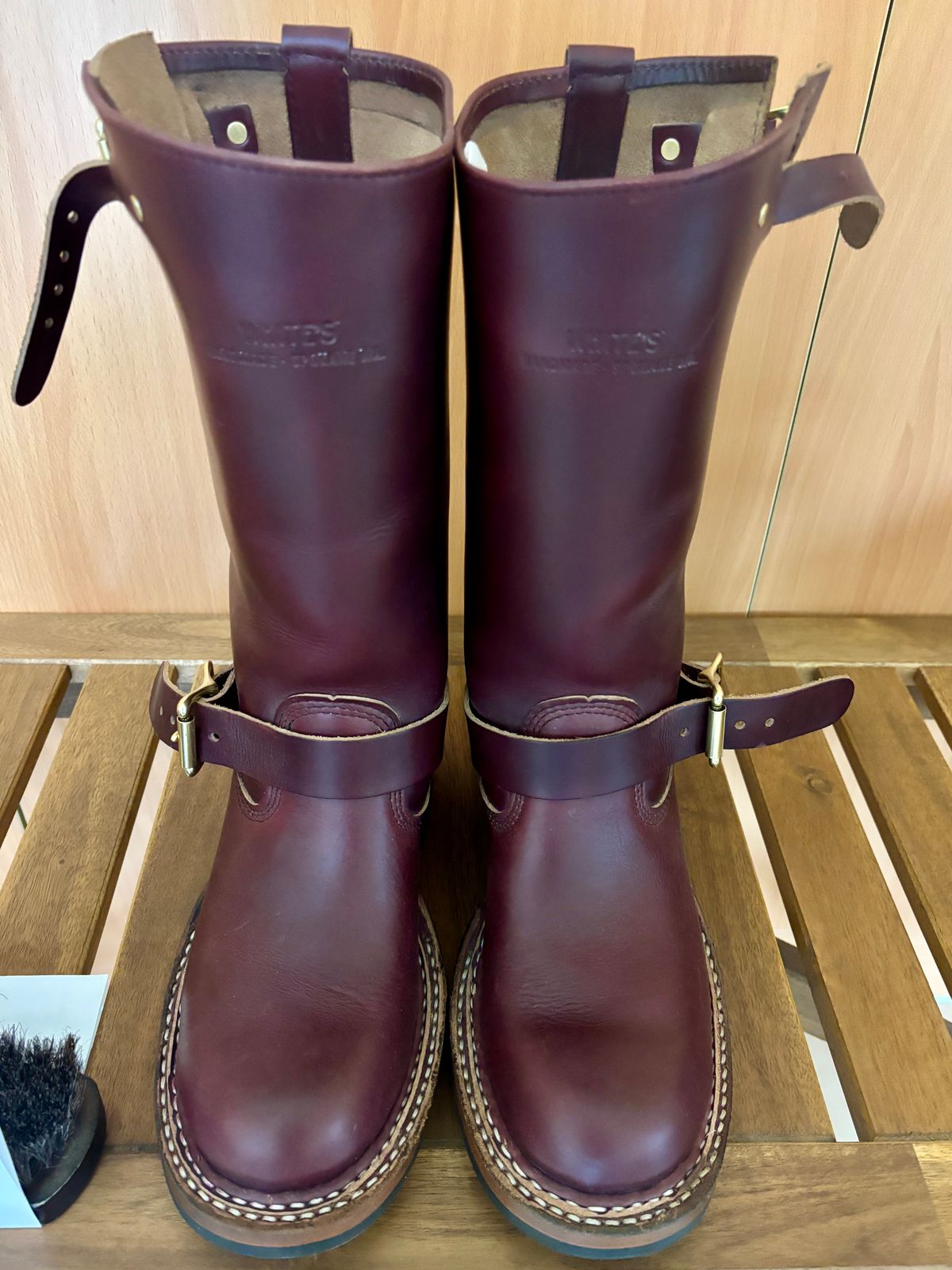 Photo by Cafeselfiedude on October 4, 2025 of the White's Nomad Engineer Boots in Horween Burgundy Chromexcel.