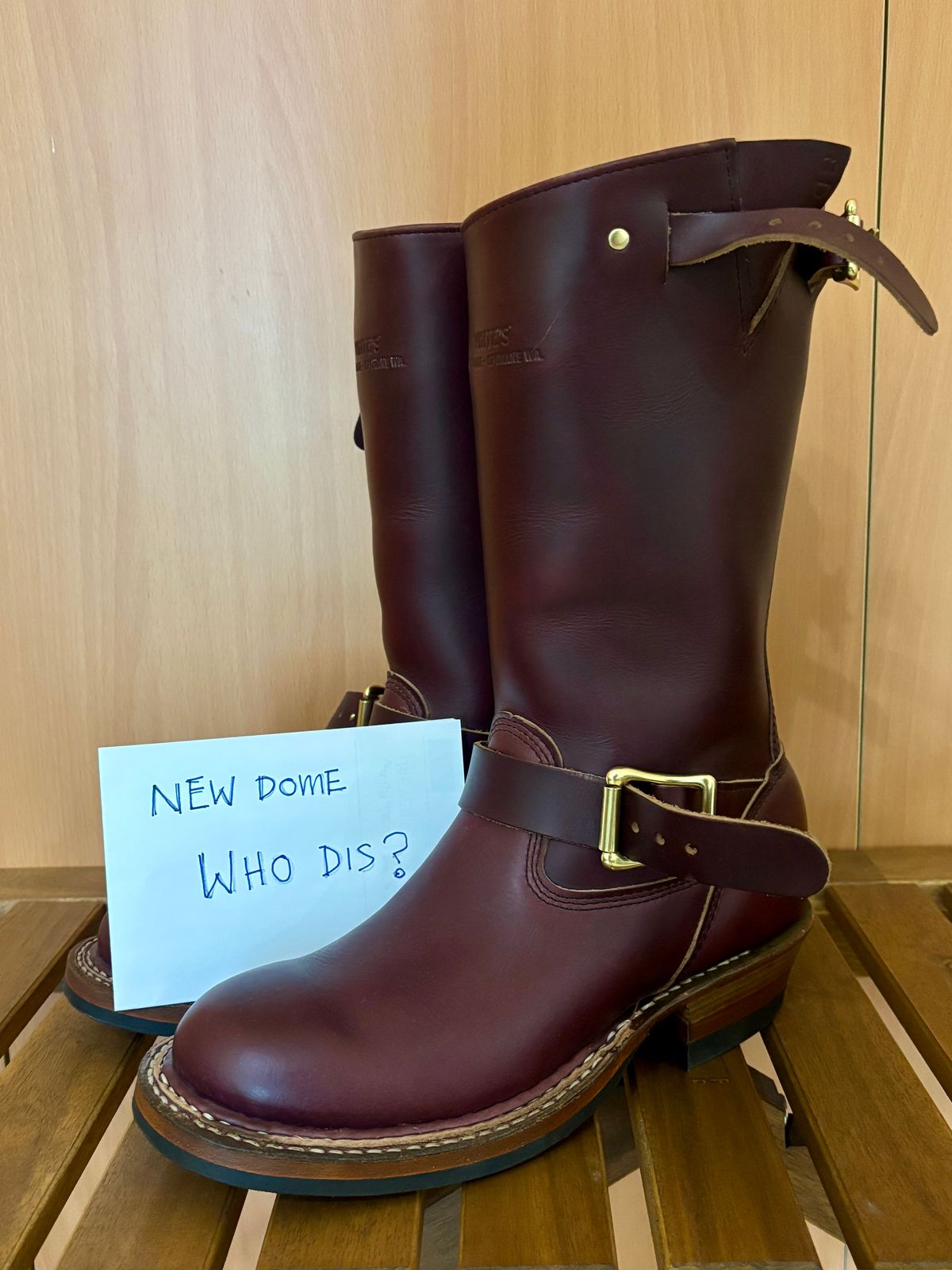 Photo by Cafeselfiedude on October 4, 2025 of the White's Nomad Engineer Boots in Horween Burgundy Chromexcel.