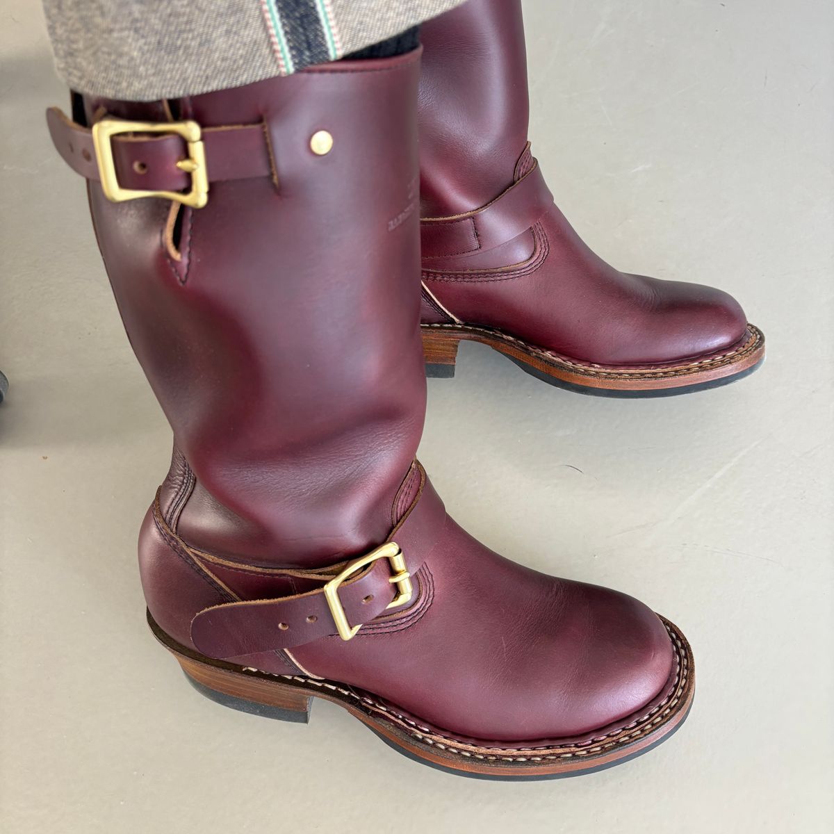 Photo by Cafeselfiedude on October 29, 2025 of the White's Nomad Engineer Boots in Horween Burgundy Chromexcel.