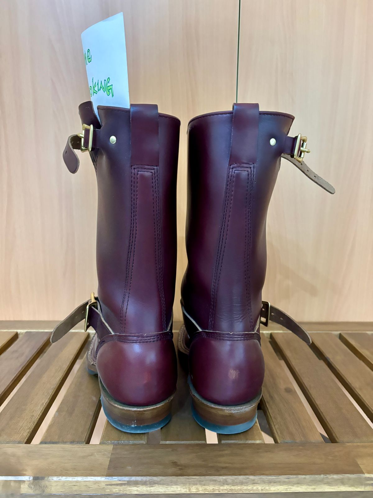 Photo by Cafeselfiedude on November 6, 2025 of the White's Nomad Engineer Boots in Horween Burgundy Chromexcel.