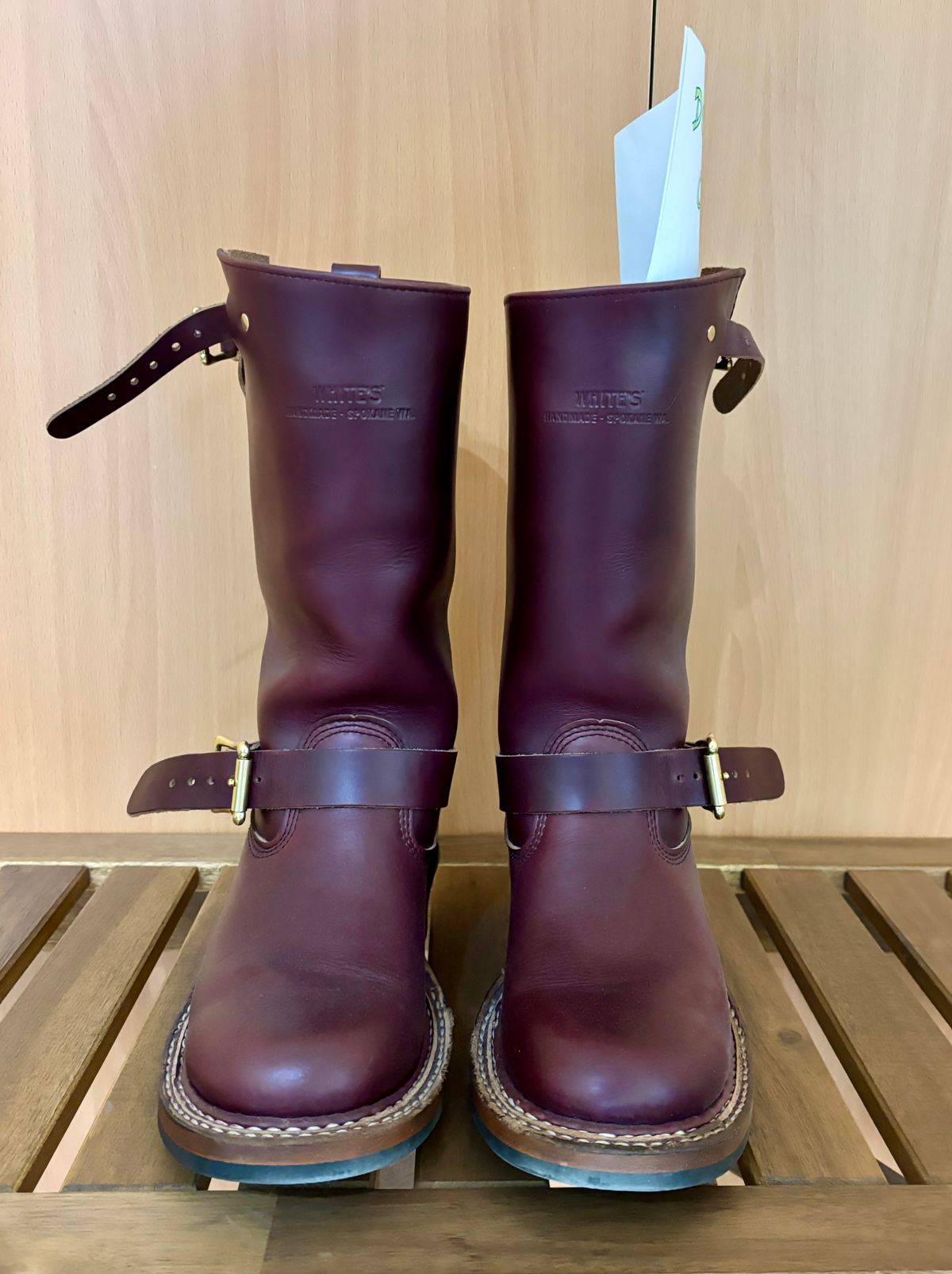 Photo by Cafeselfiedude on November 6, 2025 of the White's Nomad Engineer Boots in Horween Burgundy Chromexcel.