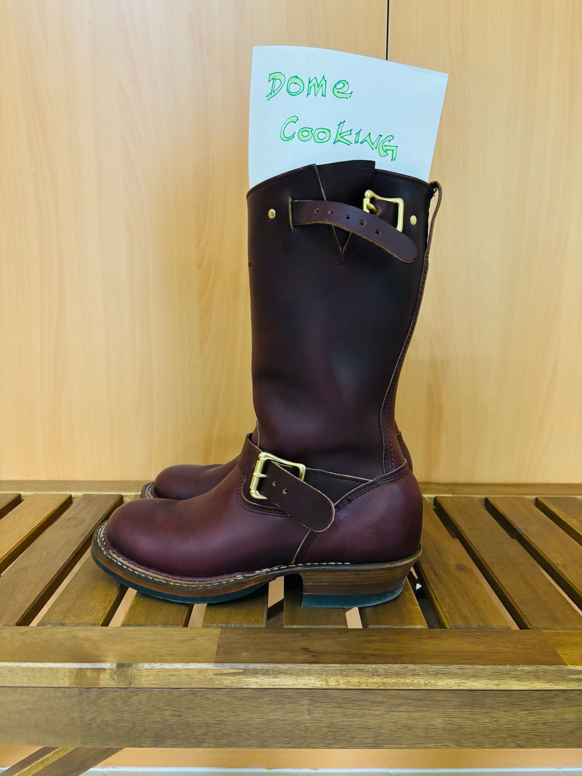 Photo by Cafeselfiedude on November 6, 2025 of the White's Nomad Engineer Boots in Horween Burgundy Chromexcel.