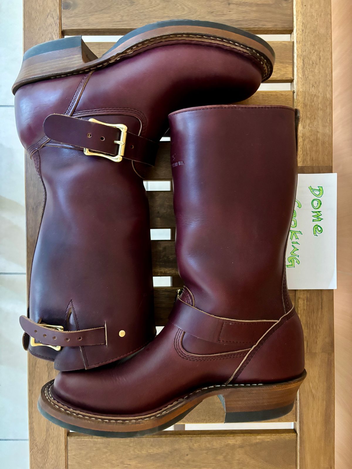 Photo by Cafeselfiedude on November 6, 2025 of the White's Nomad Engineer Boots in Horween Burgundy Chromexcel.