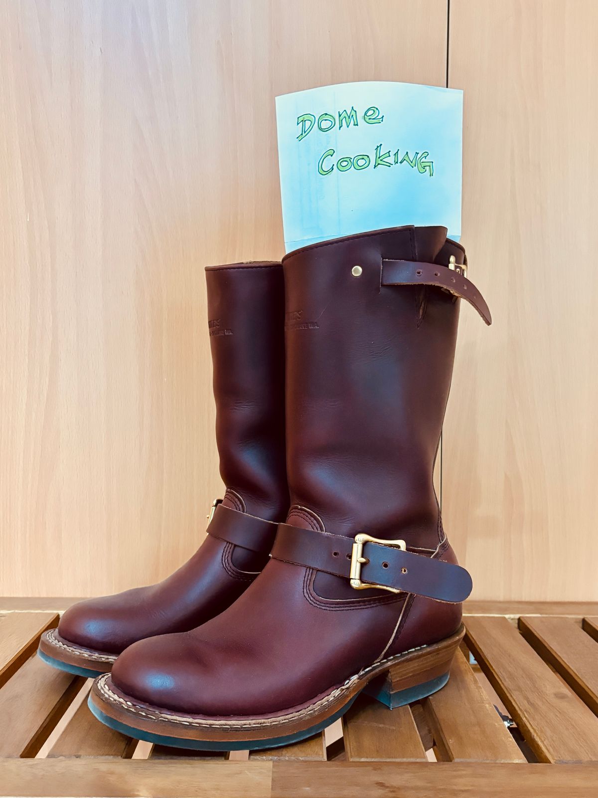 Photo by Cafeselfiedude on November 6, 2025 of the White's Nomad Engineer Boots in Horween Burgundy Chromexcel.